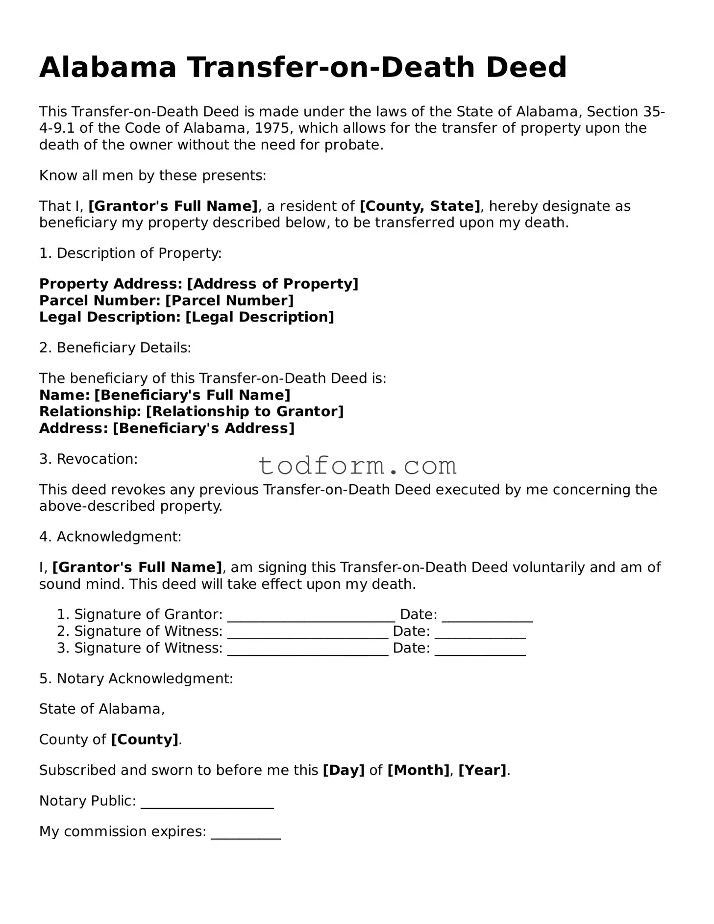 Attorney-Approved Transfer-on-Death Deed Document for the State of Alabama