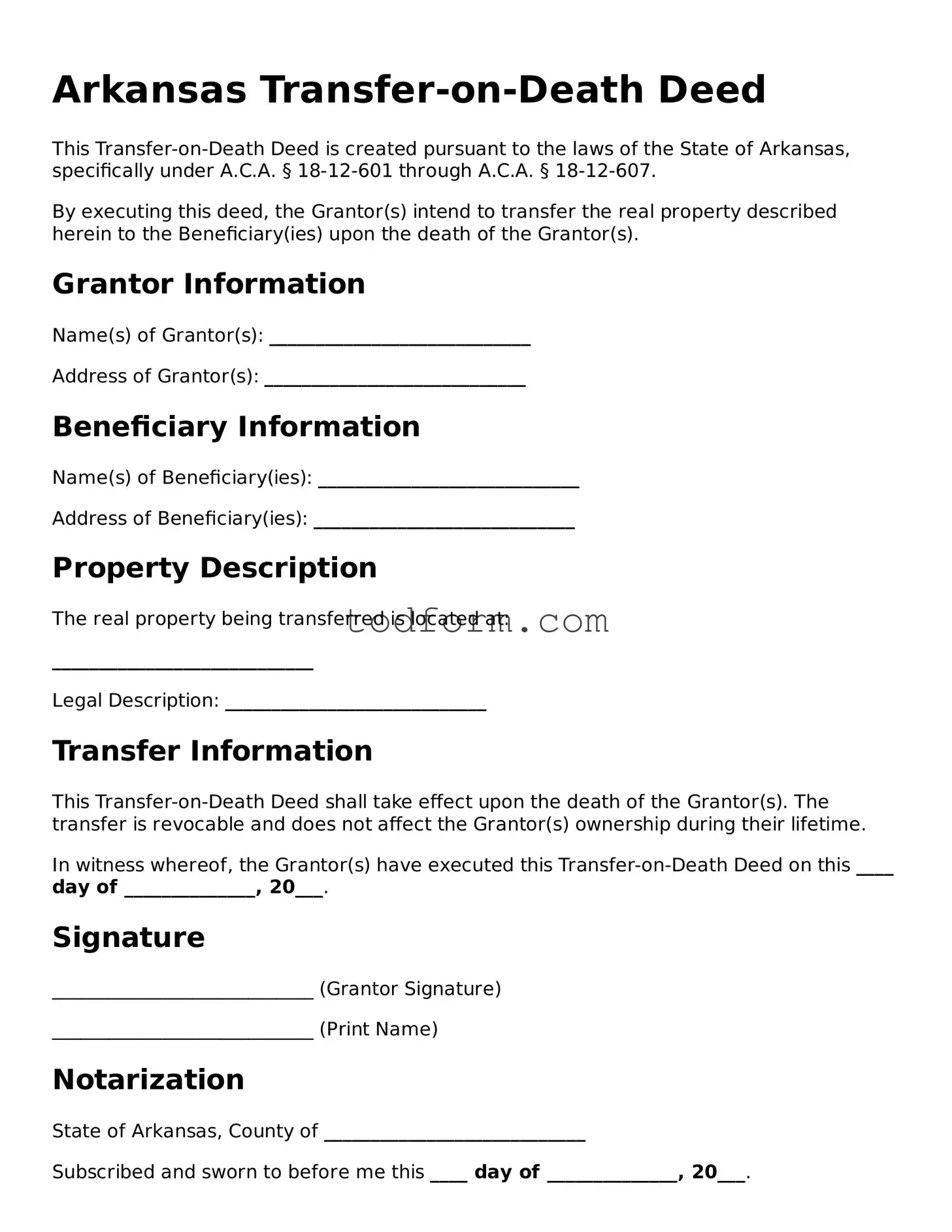 Attorney-Approved Transfer-on-Death Deed Document for the State of Arkansas