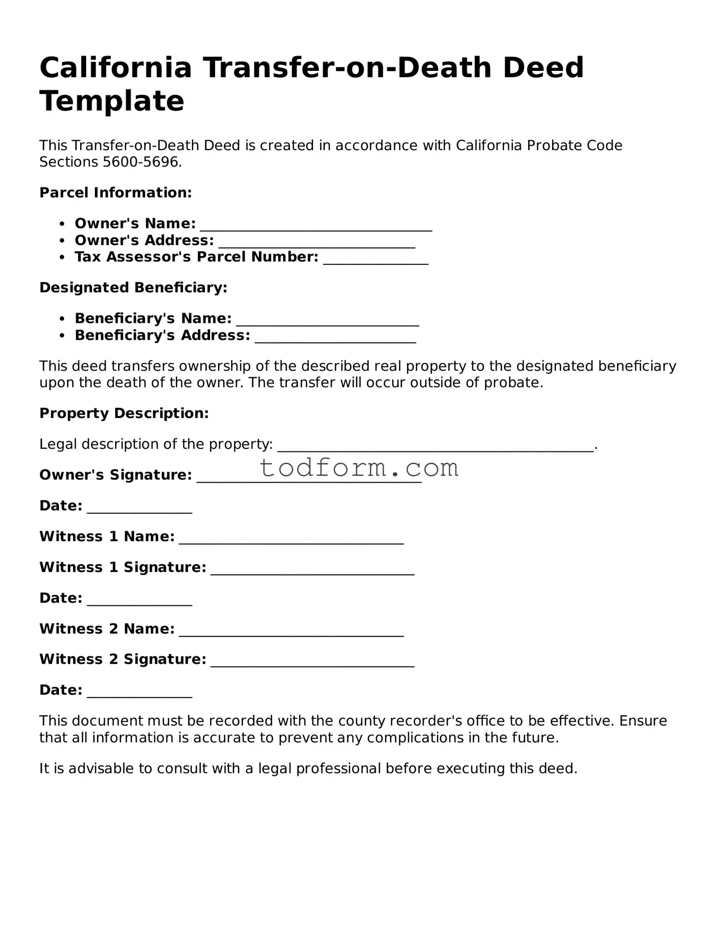 Attorney-Approved Transfer-on-Death Deed Document for the State of California