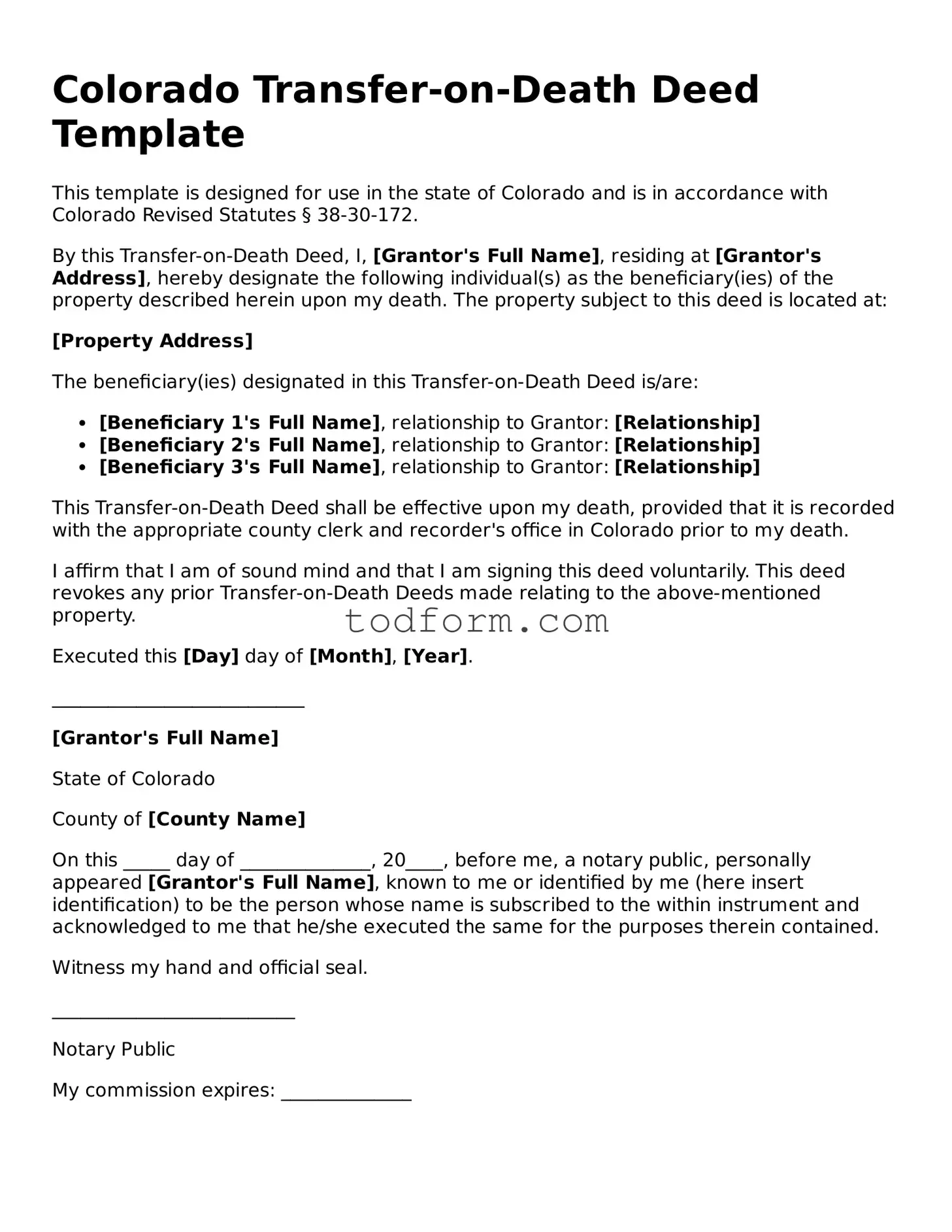 Attorney-Approved Transfer-on-Death Deed Document for the State of Colorado