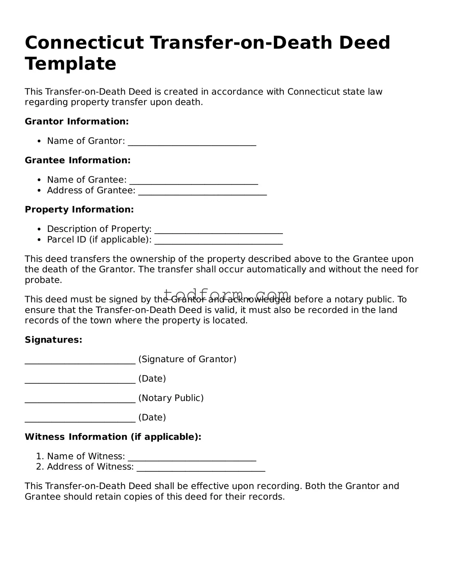 Attorney-Approved Transfer-on-Death Deed Document for the State of Connecticut