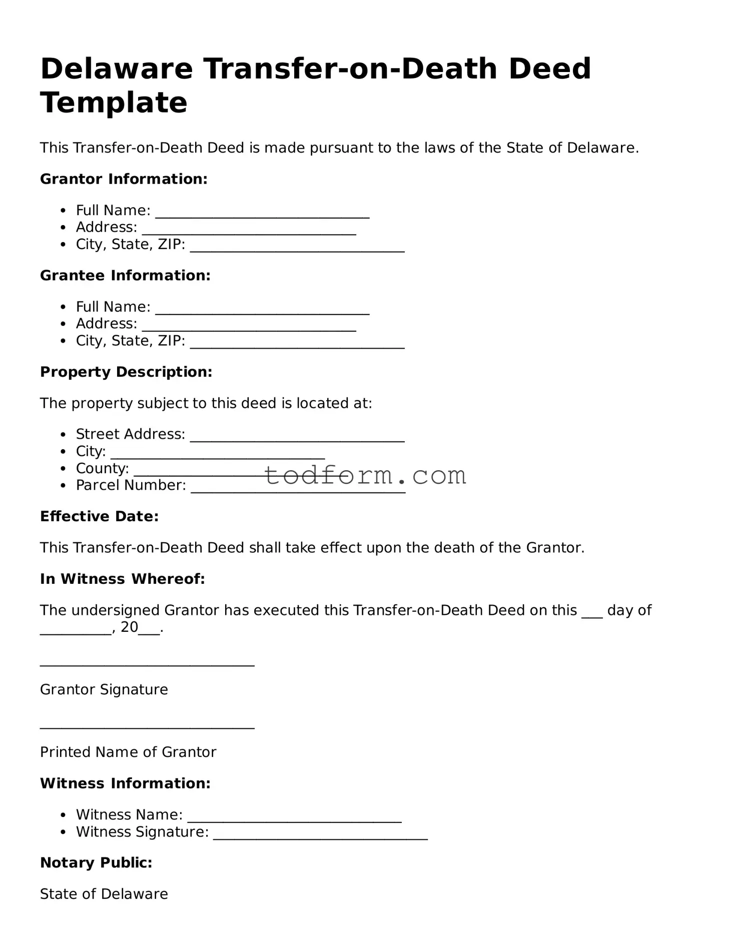 Attorney-Approved Transfer-on-Death Deed Document for the State of Delaware