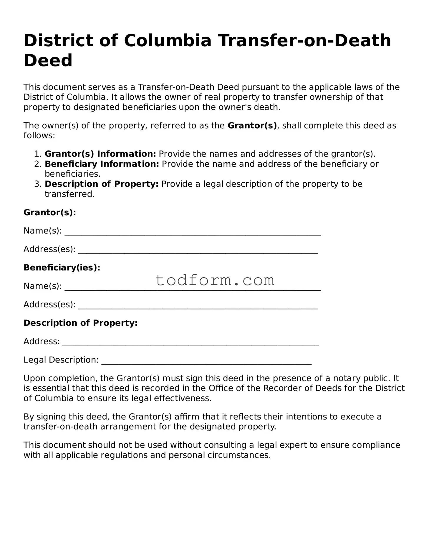 Attorney-Approved Transfer-on-Death Deed Document for the State of District of Columbia