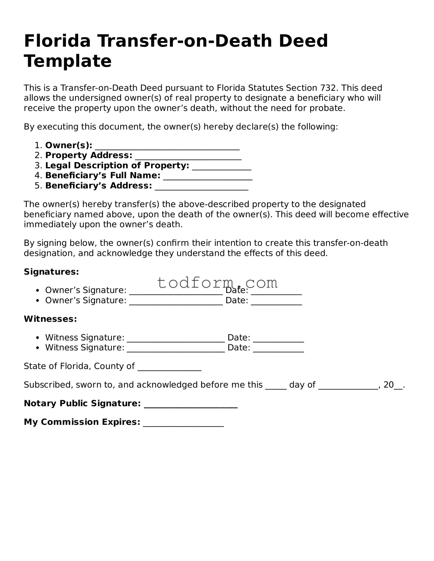 Attorney-Approved Transfer-on-Death Deed Document for the State of Florida