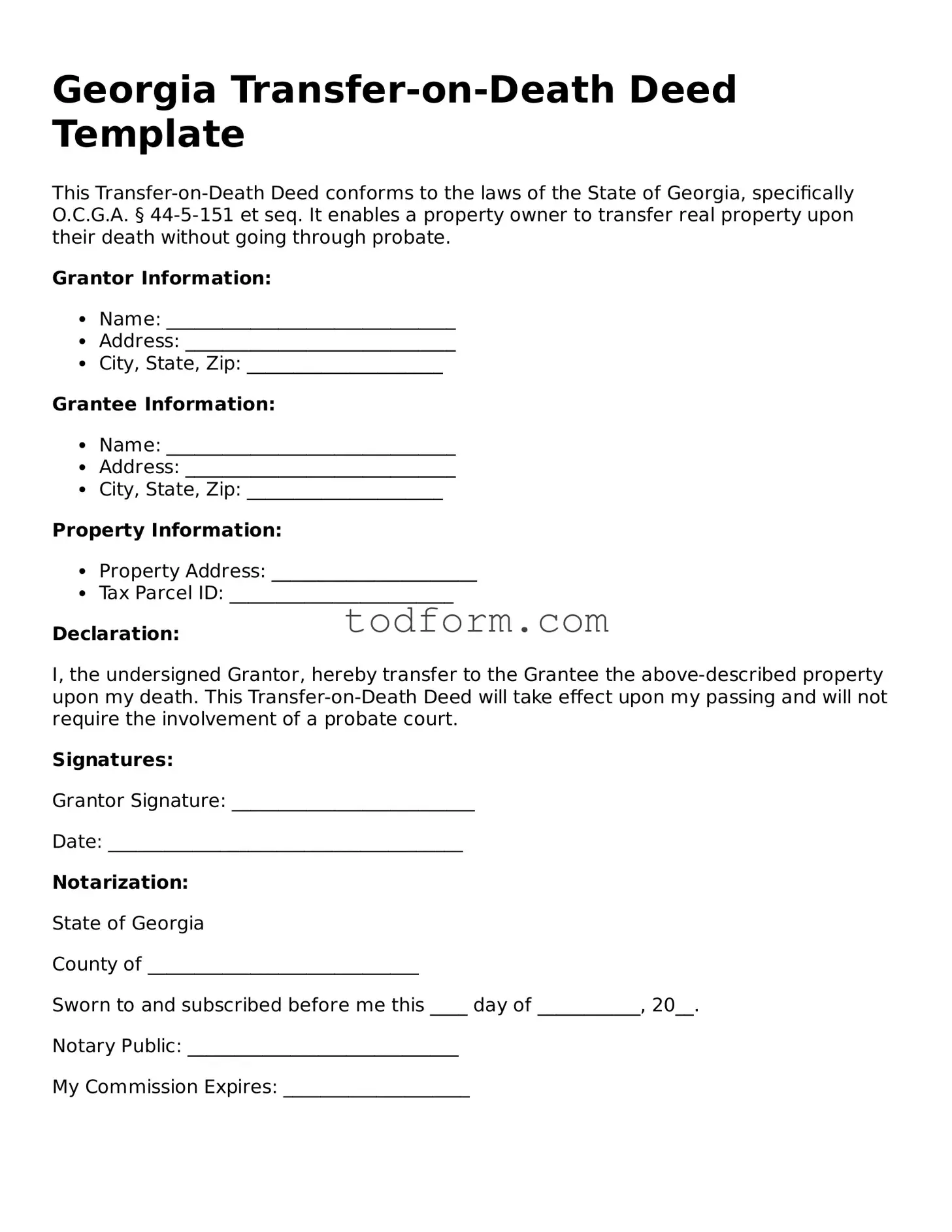 Attorney-Approved Transfer-on-Death Deed Document for the State of Georgia