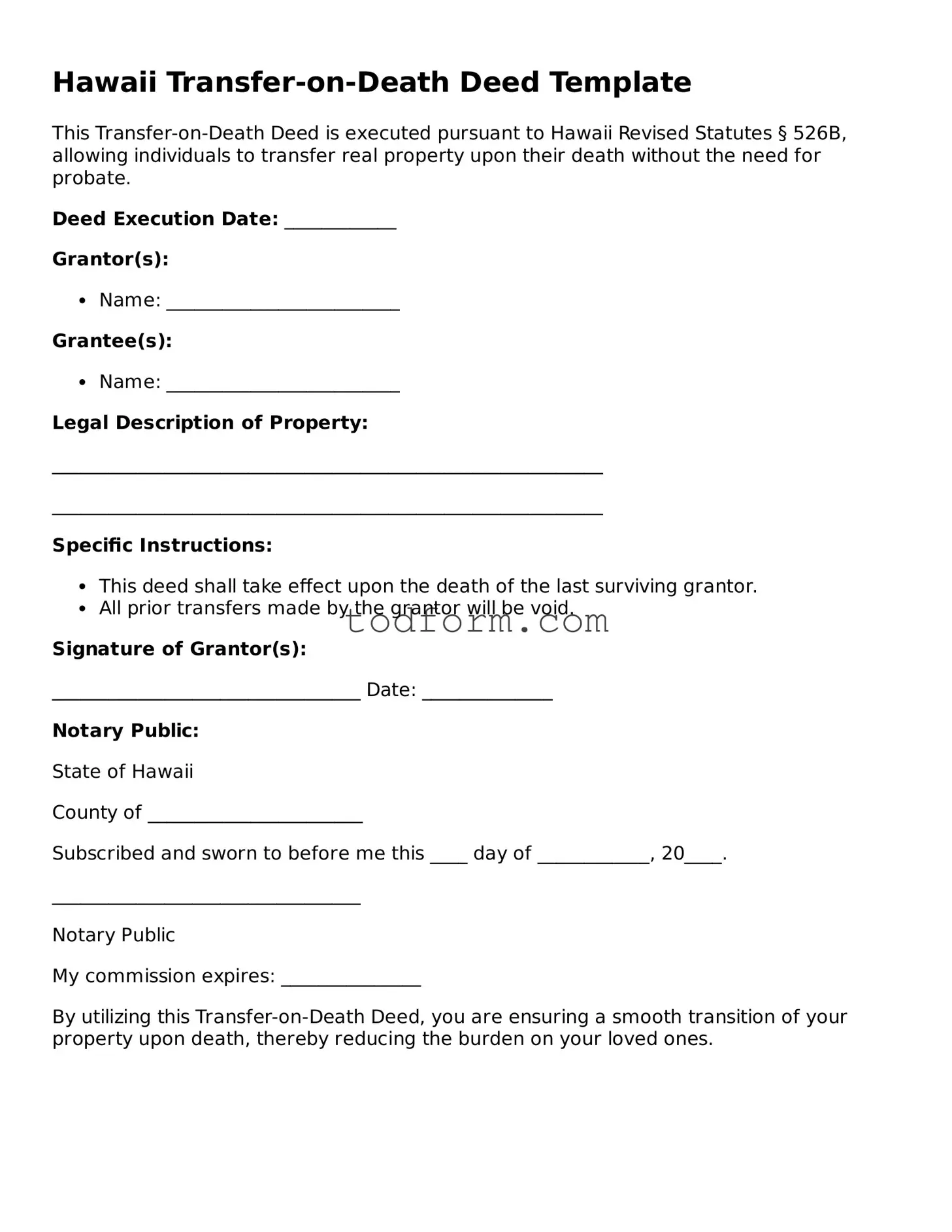 Attorney-Approved Transfer-on-Death Deed Document for the State of Hawaii