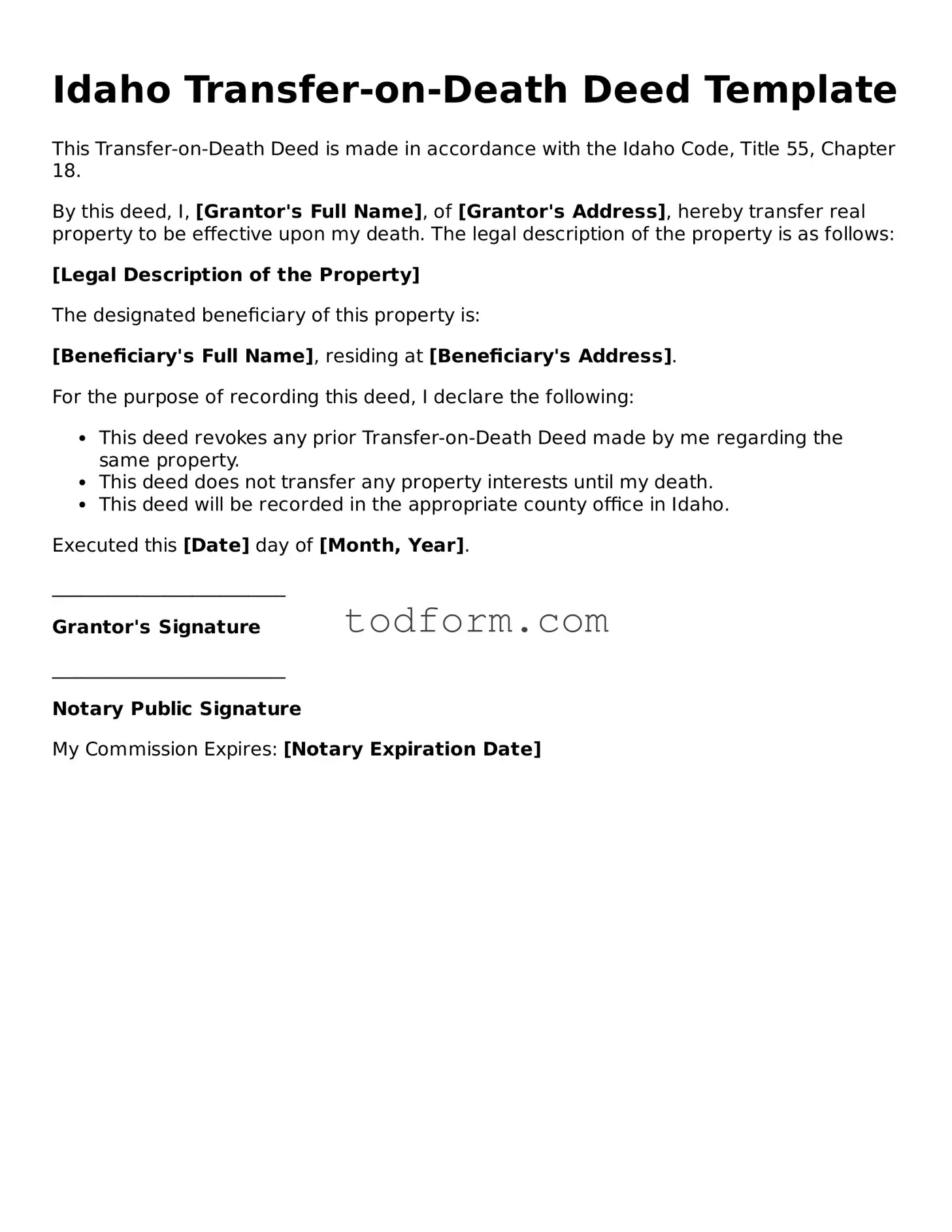 Attorney-Approved Transfer-on-Death Deed Document for the State of Idaho