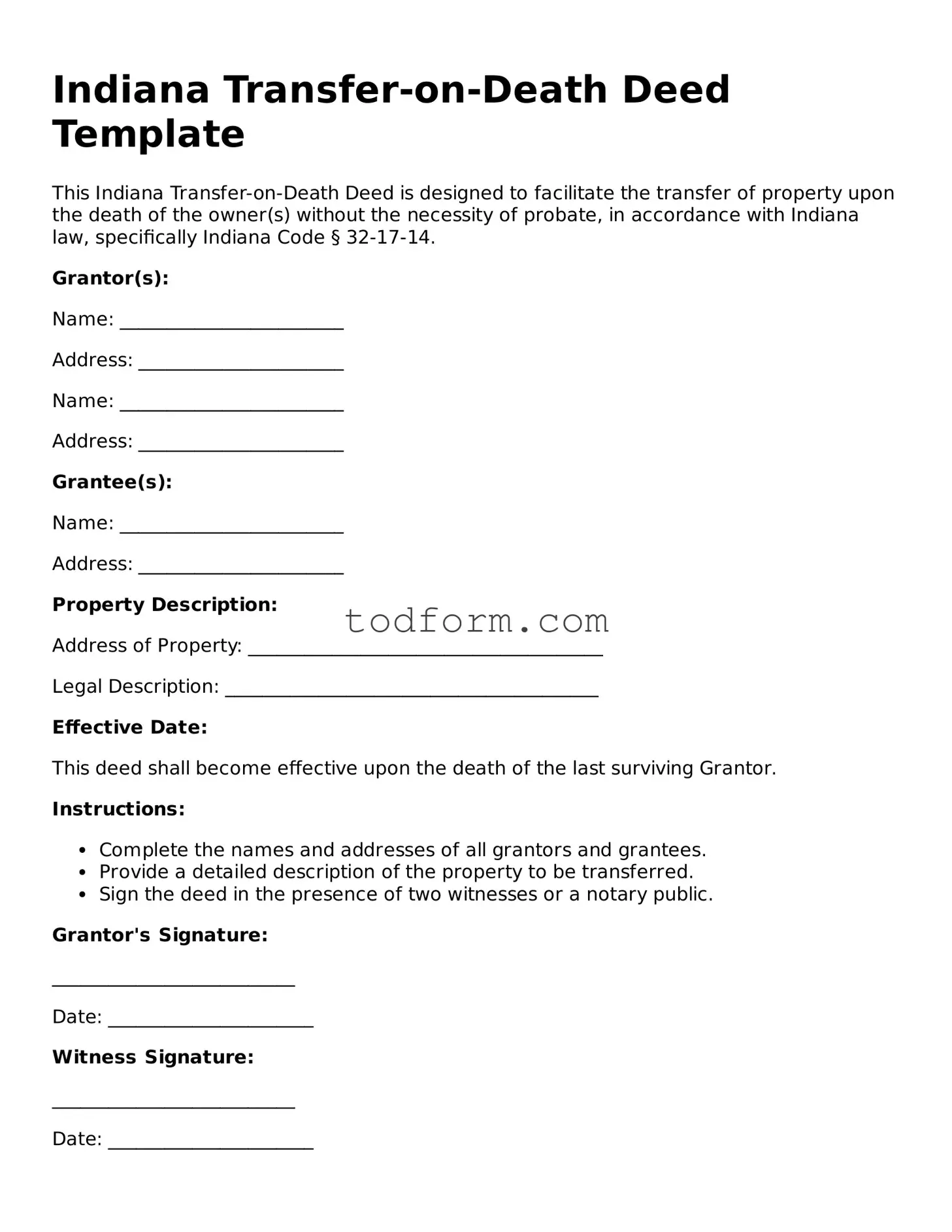 Attorney-Approved Transfer-on-Death Deed Document for the State of Indiana