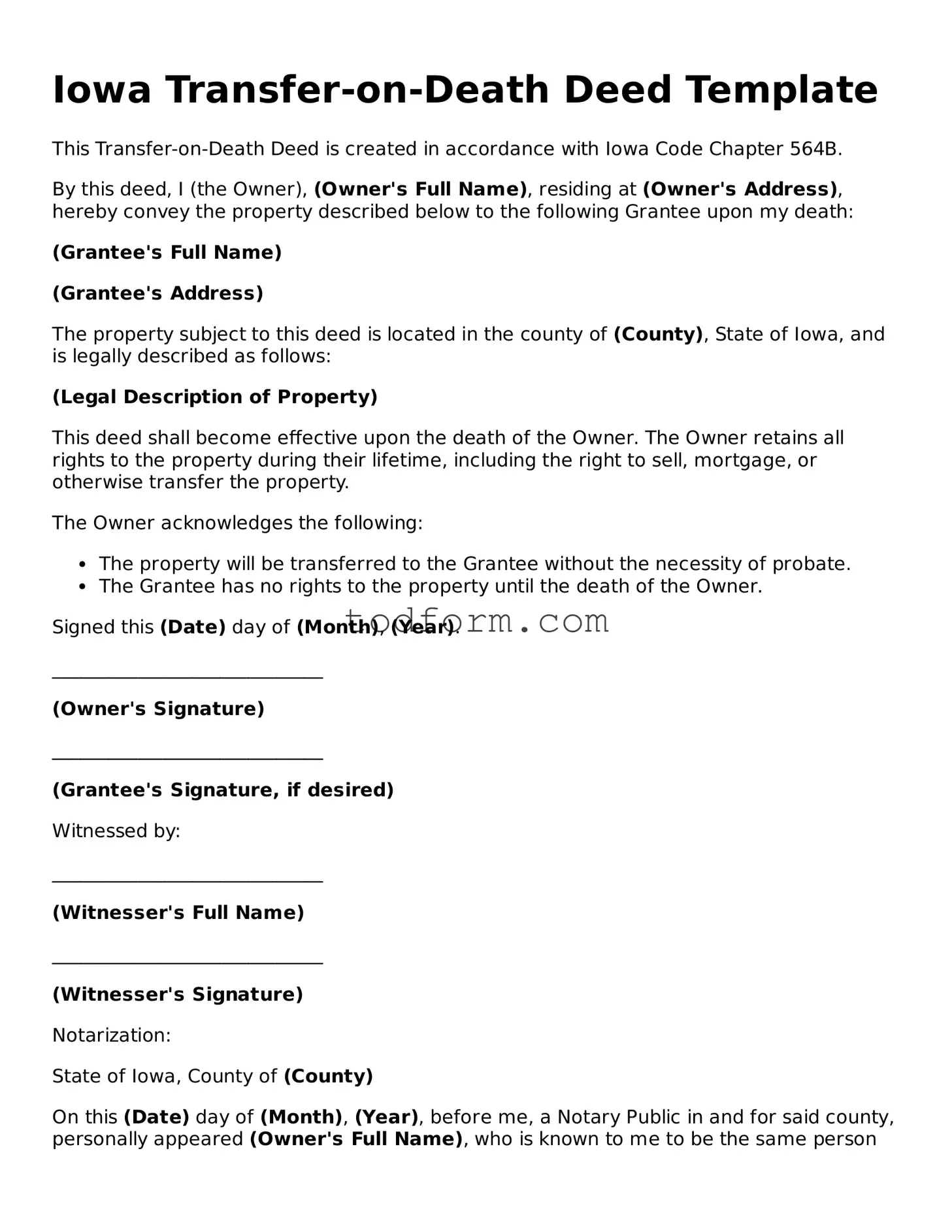 Attorney-Approved Transfer-on-Death Deed Document for the State of Iowa