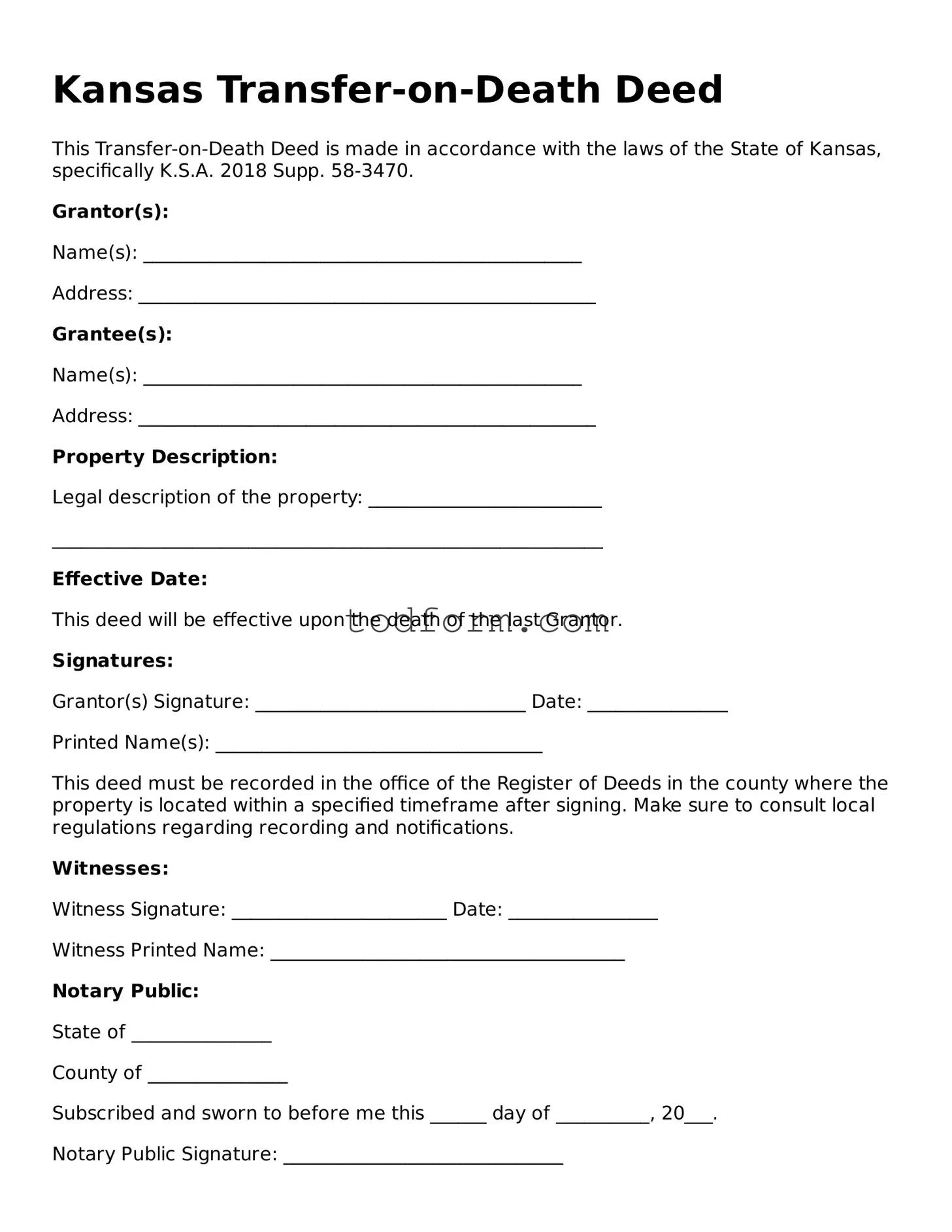 Attorney-Approved Transfer-on-Death Deed Document for the State of Kansas