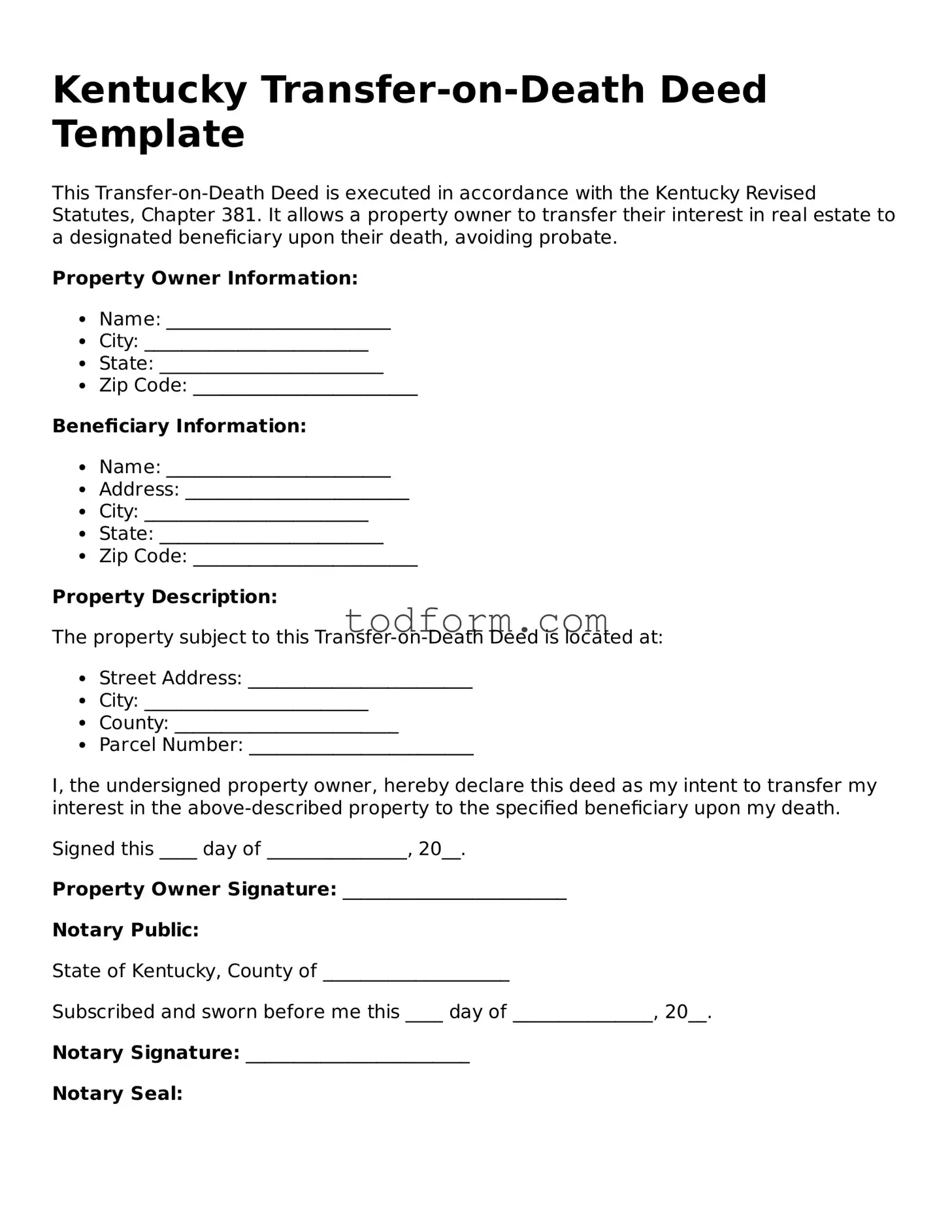 Attorney-Approved Transfer-on-Death Deed Document for the State of Kentucky