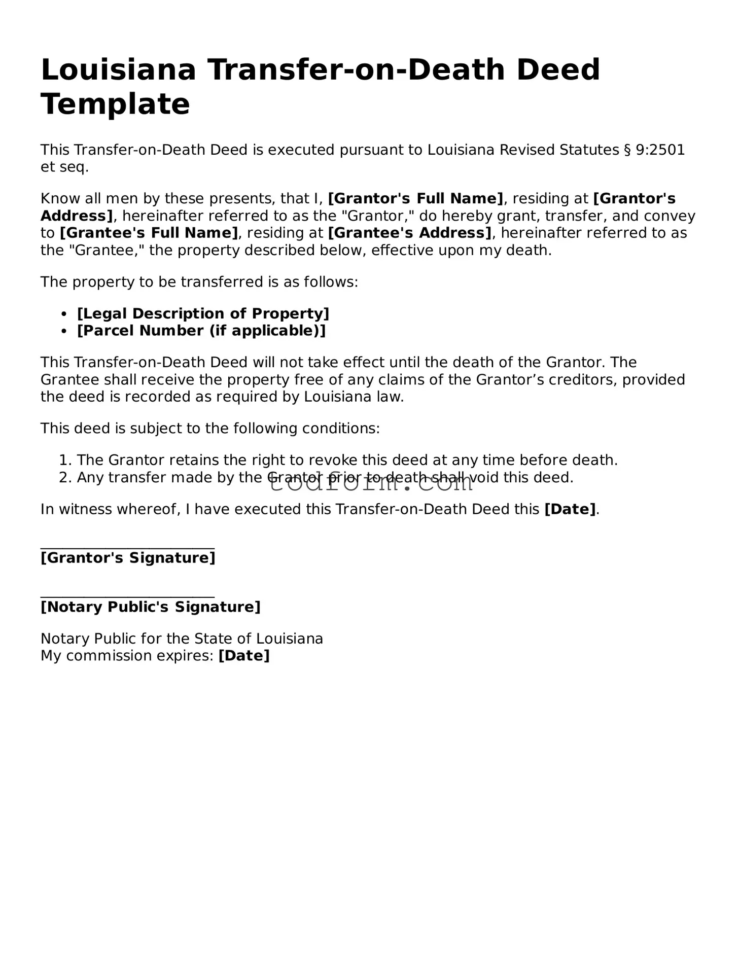 Attorney-Approved Transfer-on-Death Deed Document for the State of Louisiana