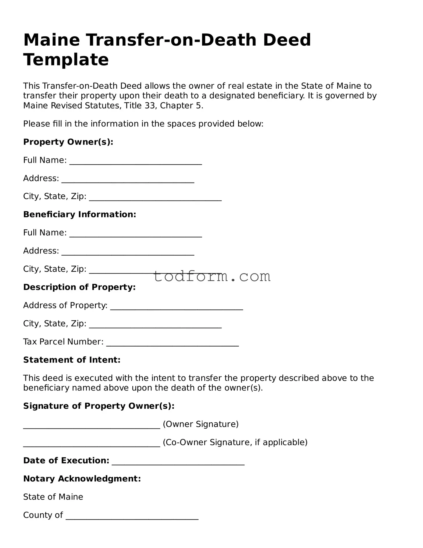 Attorney-Approved Transfer-on-Death Deed Document for the State of Maine