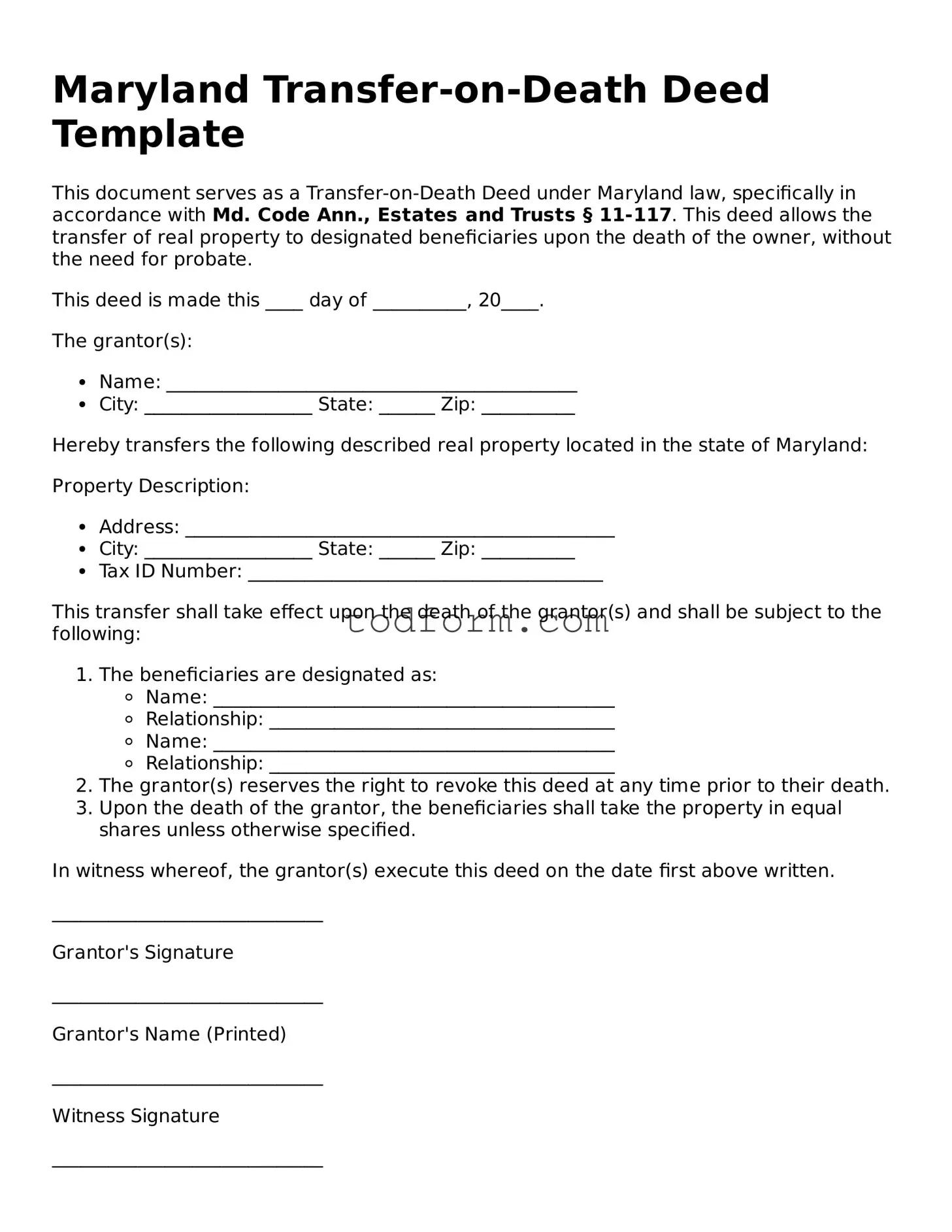 Attorney-Approved Transfer-on-Death Deed Document for the State of Maryland
