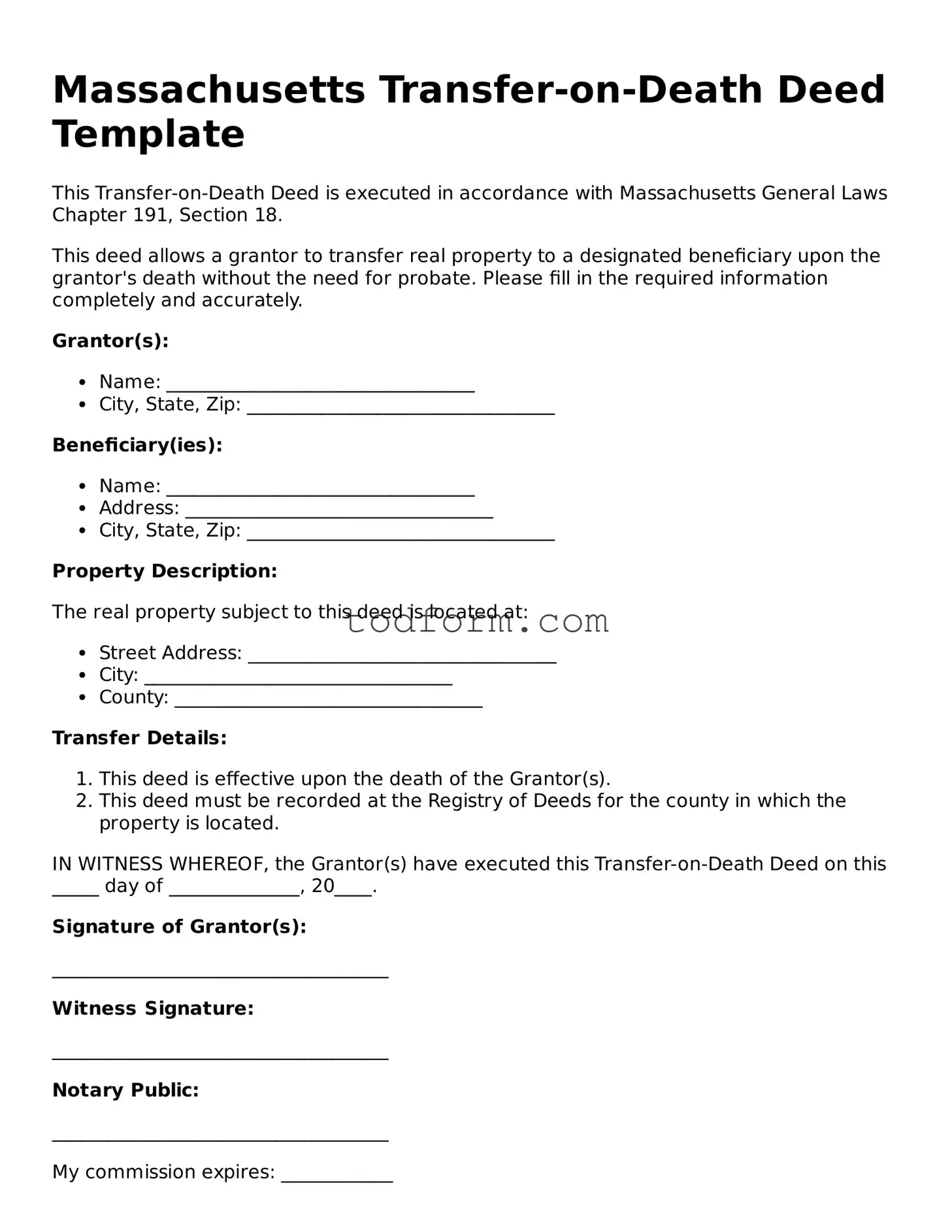 Attorney-Approved Transfer-on-Death Deed Document for the State of Massachusetts