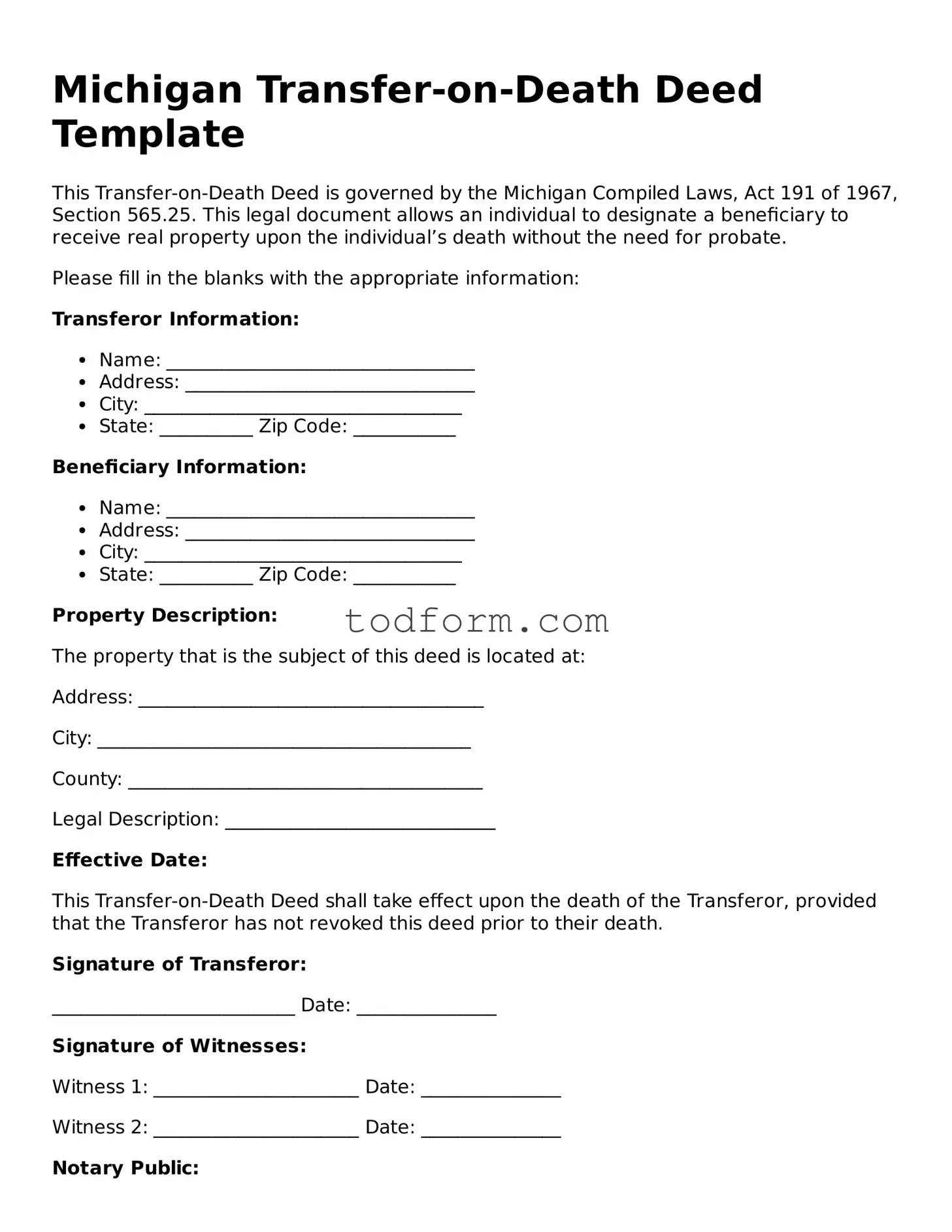 Attorney-Approved Transfer-on-Death Deed Document for the State of Michigan