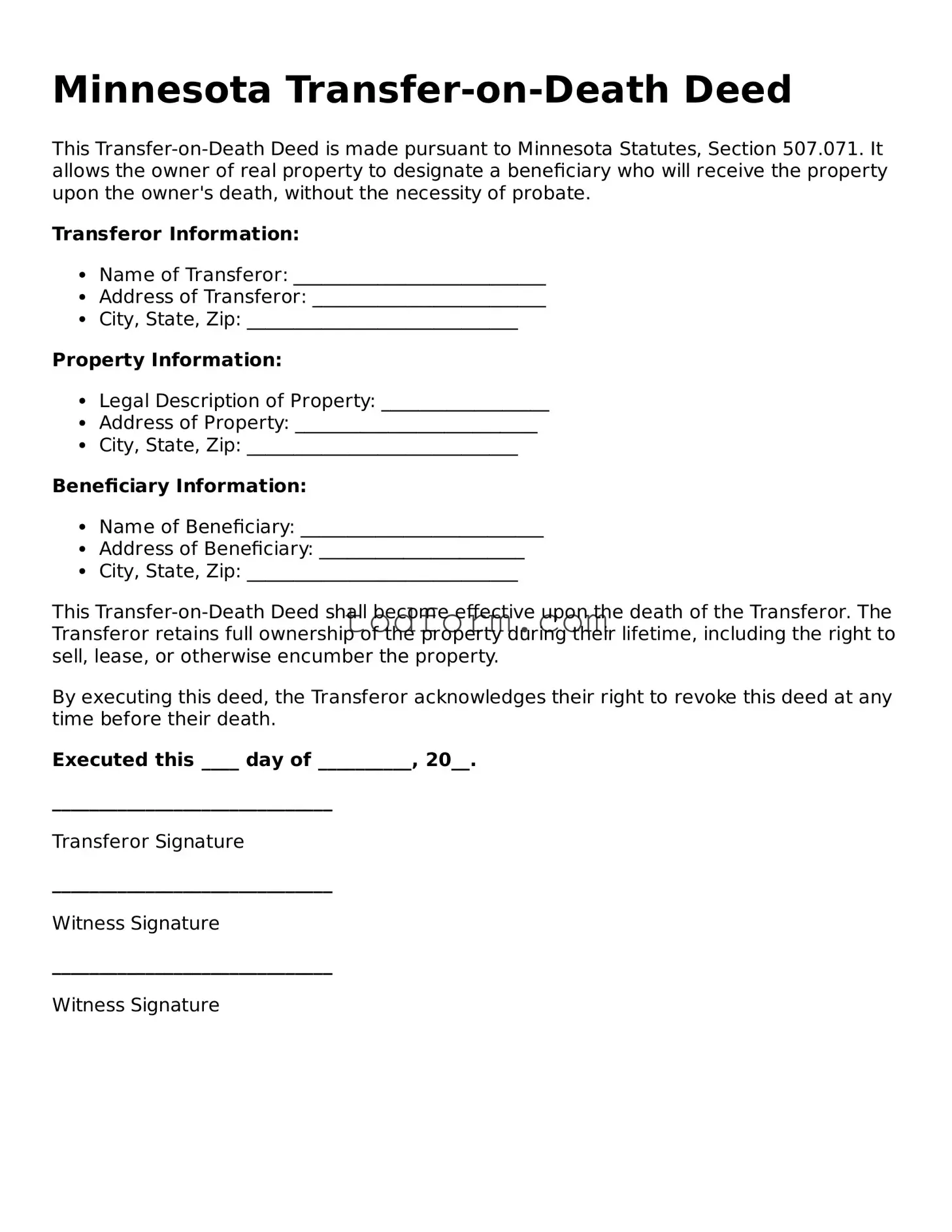 Attorney-Approved Transfer-on-Death Deed Document for the State of Minnesota