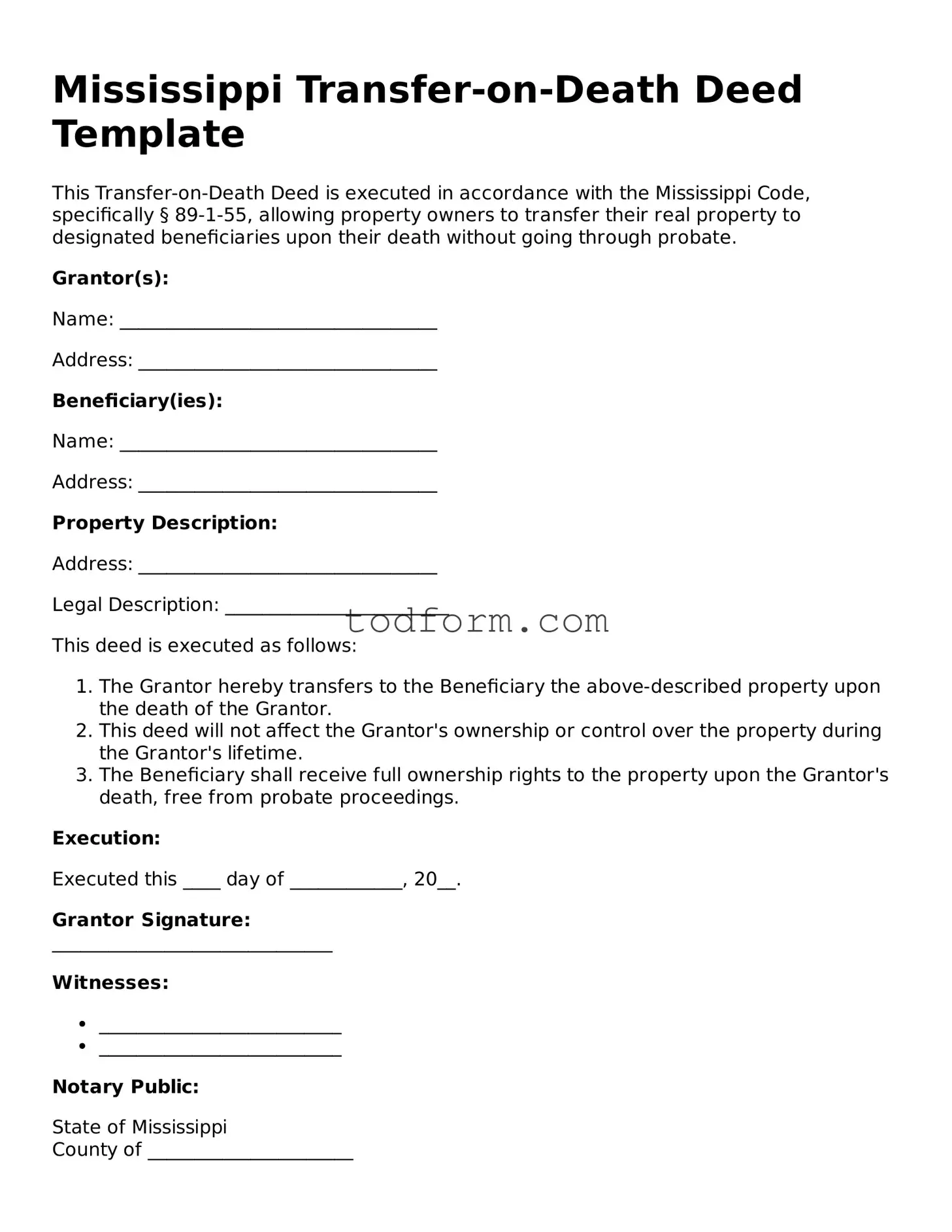 Attorney-Approved Transfer-on-Death Deed Document for the State of Mississippi