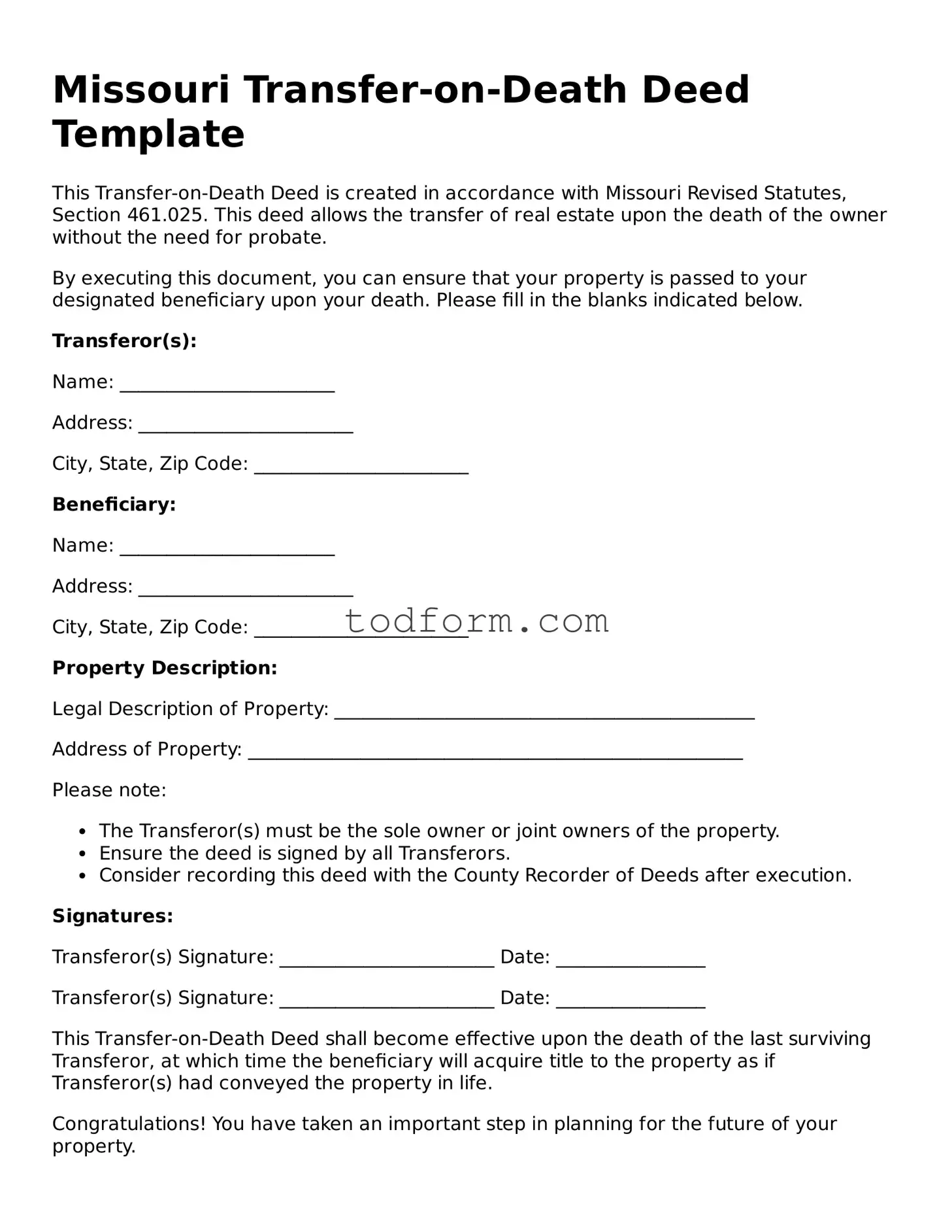 Attorney-Approved Transfer-on-Death Deed Document for the State of Missouri