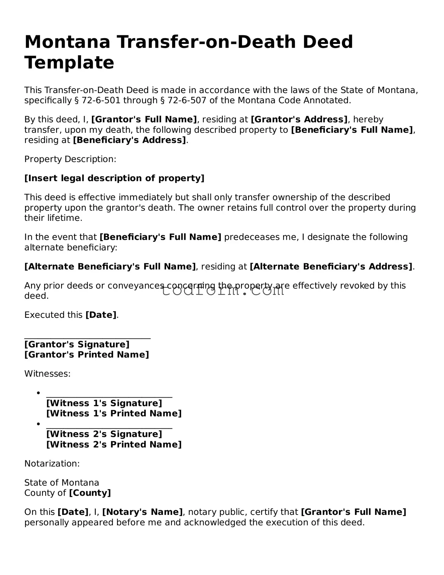 Attorney-Approved Transfer-on-Death Deed Document for the State of Montana