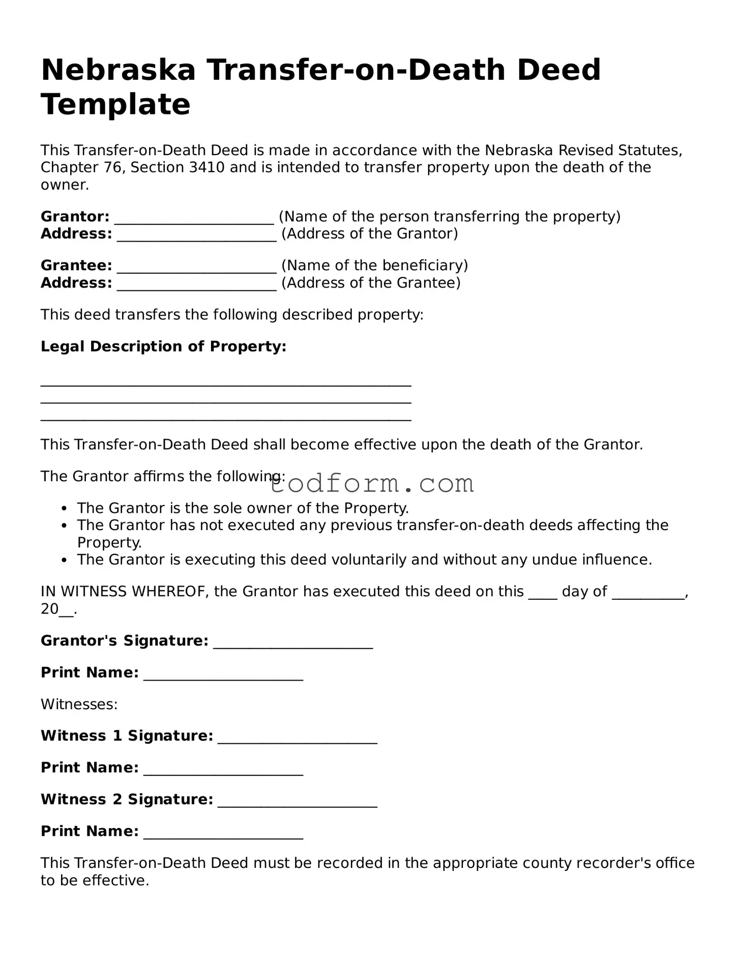 Attorney-Approved Transfer-on-Death Deed Document for the State of Nebraska