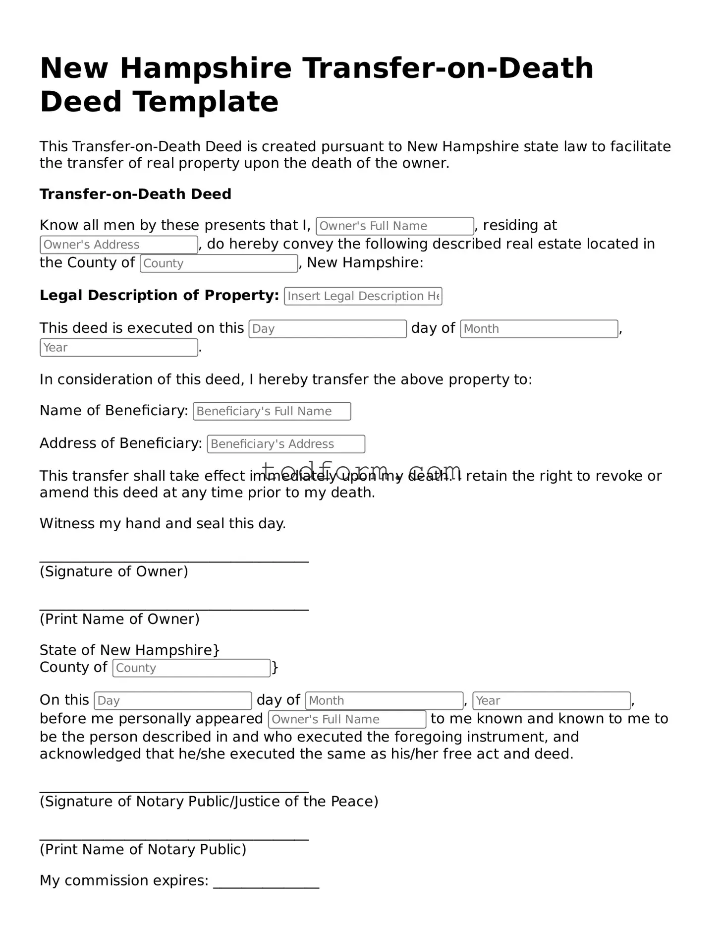 Attorney-Approved Transfer-on-Death Deed Document for the State of New Hampshire
