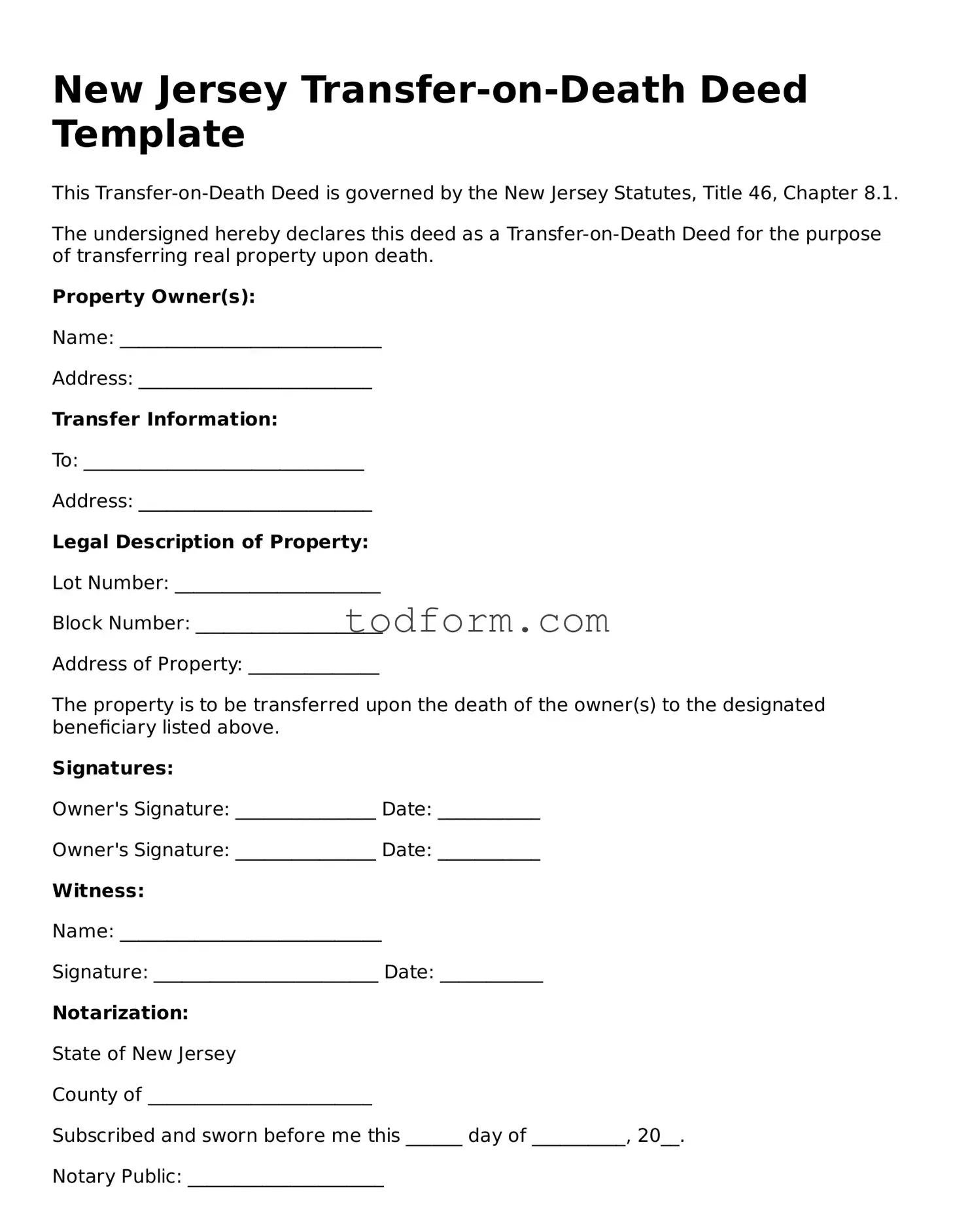 Attorney-Approved Transfer-on-Death Deed Document for the State of New Jersey