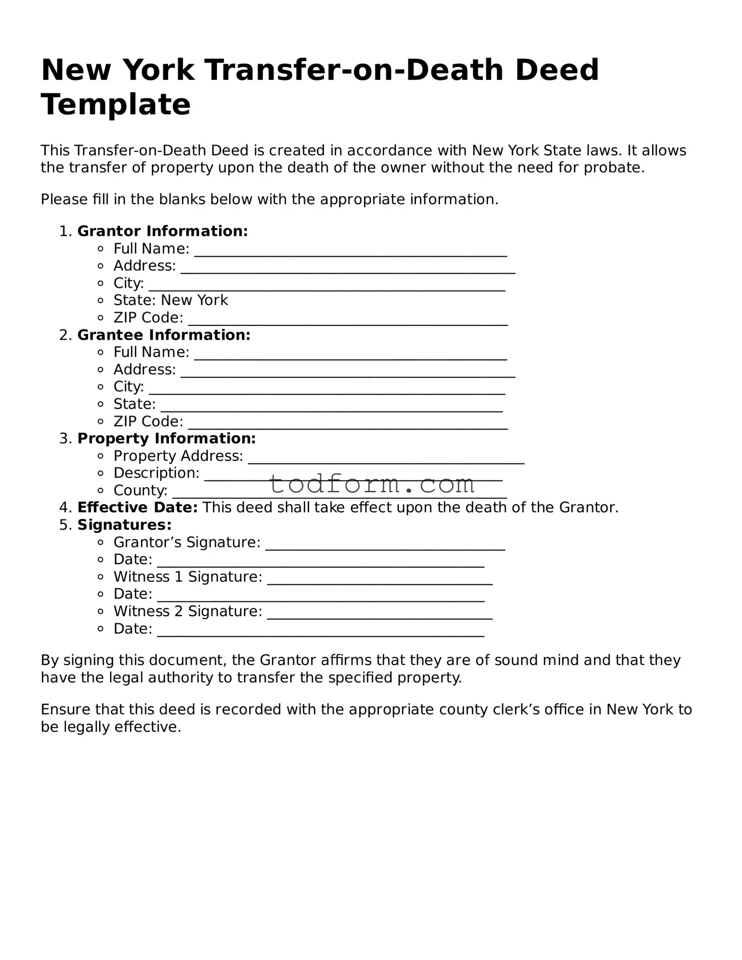 Attorney-Approved Transfer-on-Death Deed Document for the State of New York