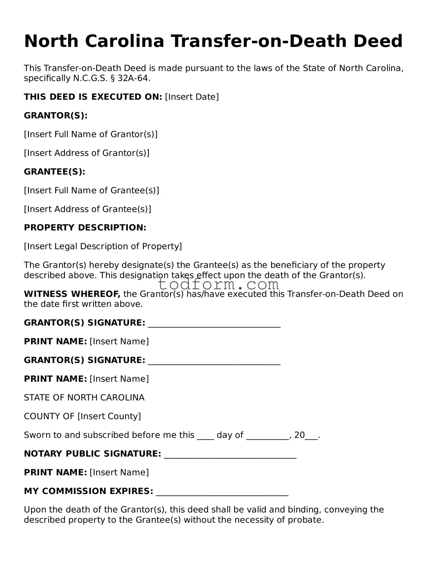 Attorney-Approved Transfer-on-Death Deed Document for the State of North Carolina