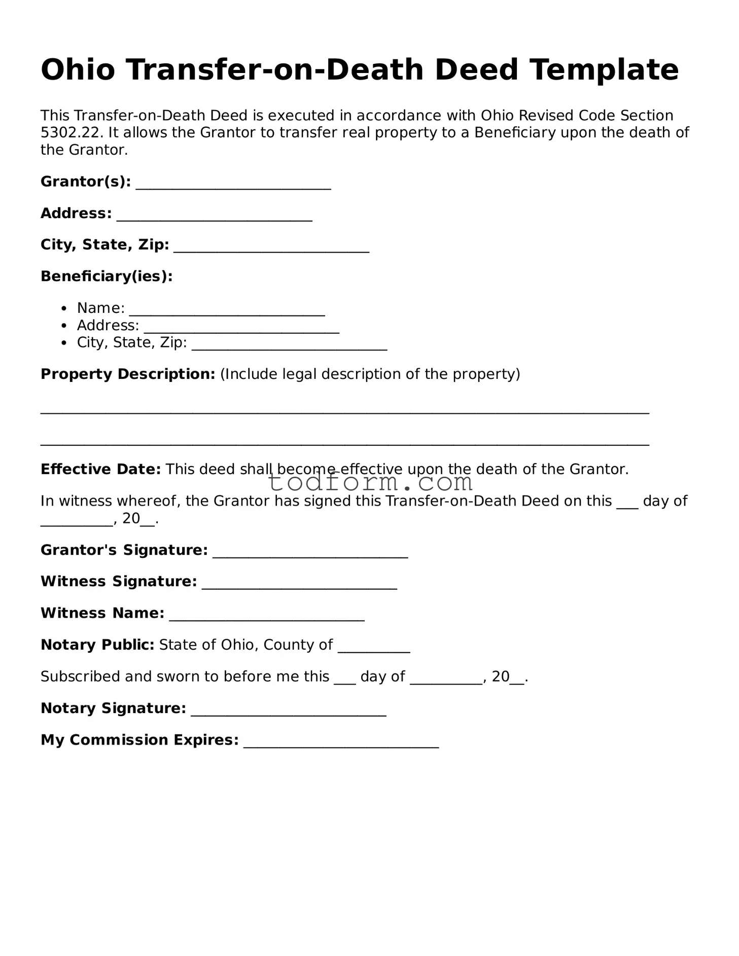 Attorney-Approved Transfer-on-Death Deed Document for the State of Ohio