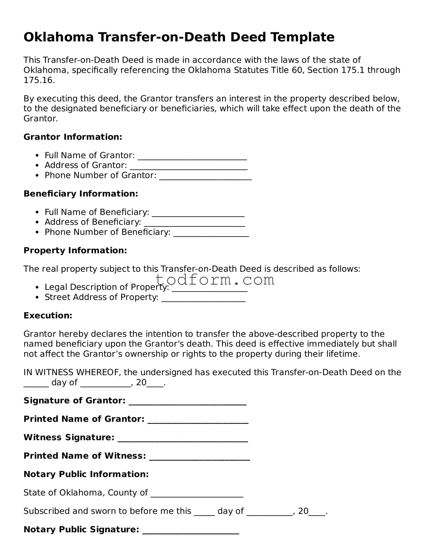 Attorney-Approved Transfer-on-Death Deed Document for the State of Oklahoma