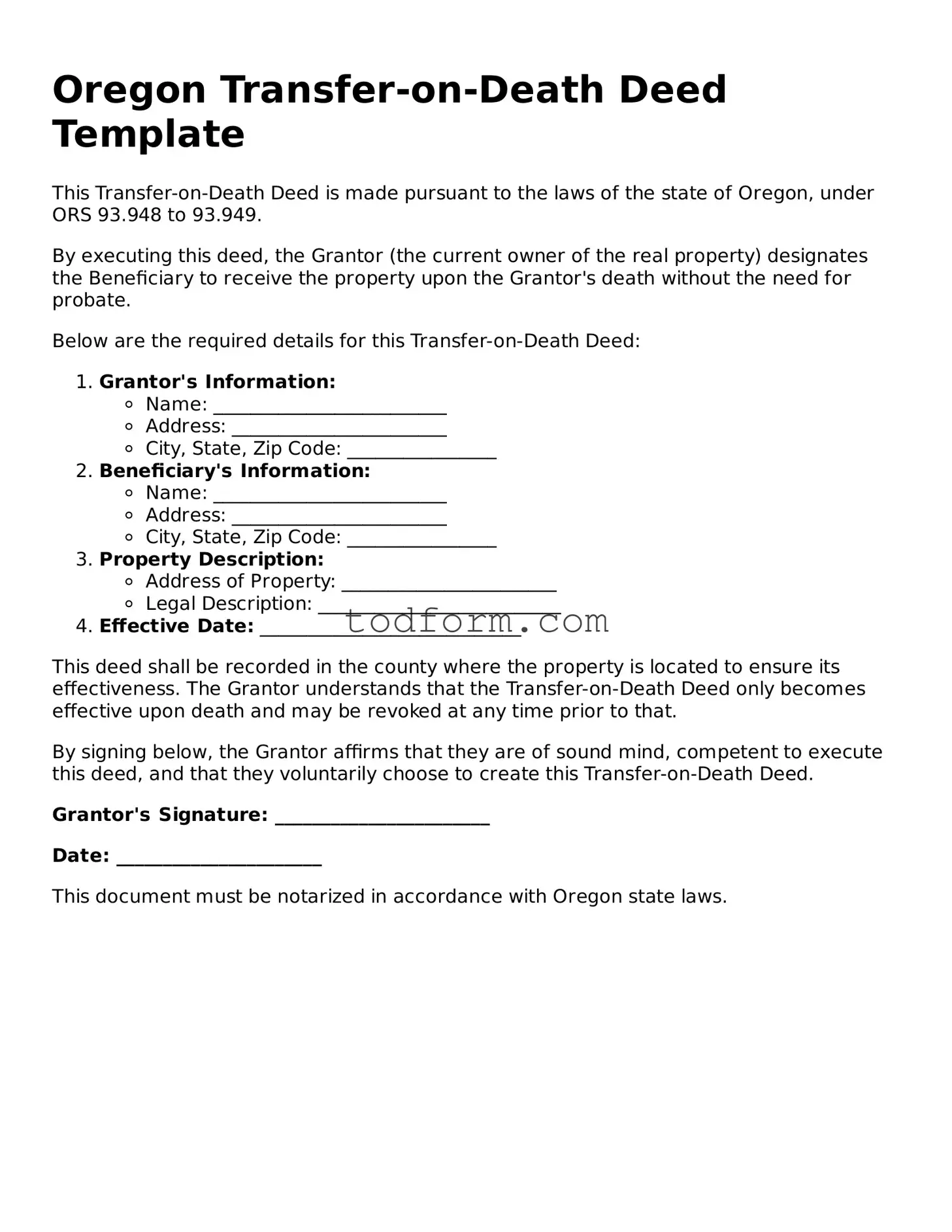 Attorney-Approved Transfer-on-Death Deed Document for the State of Oregon