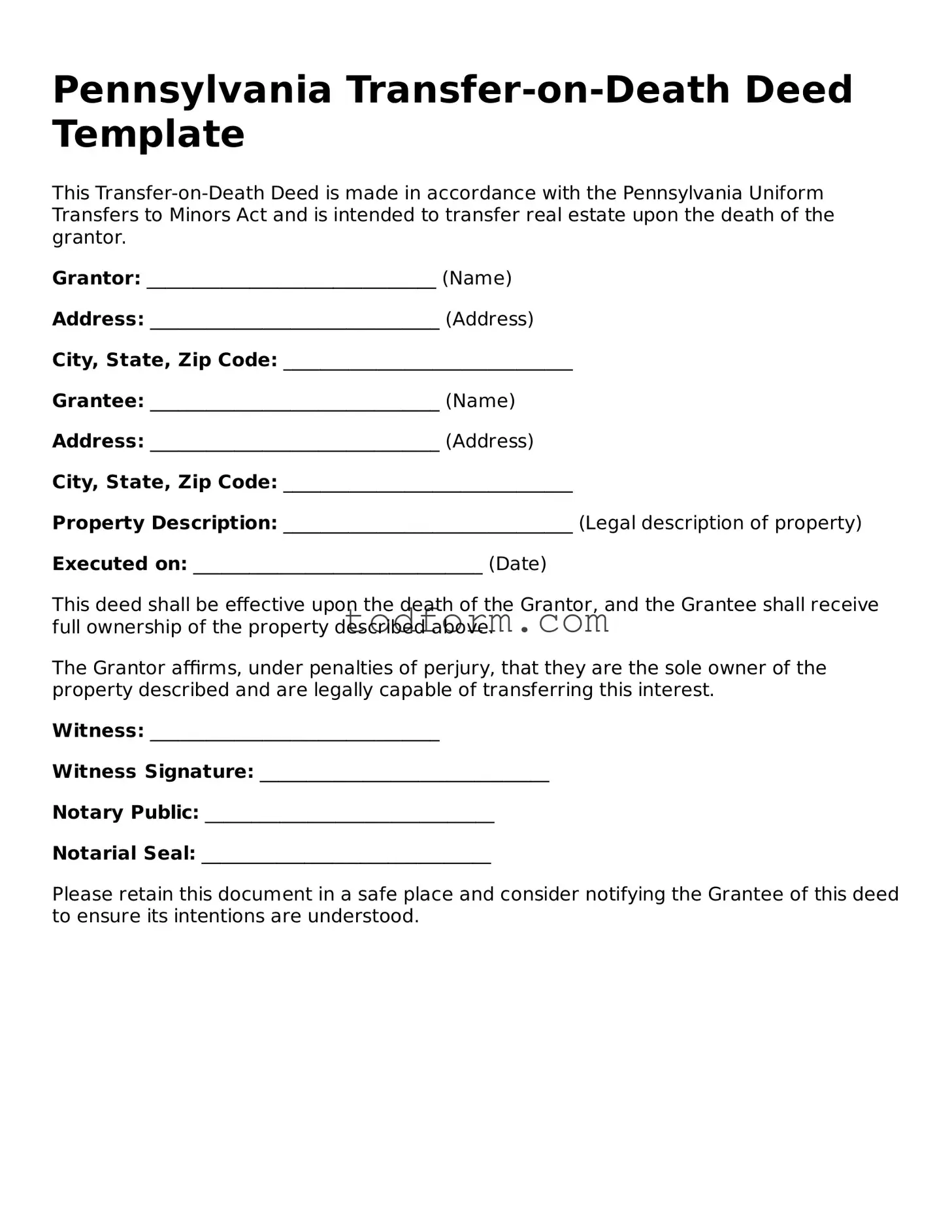 Attorney-Approved Transfer-on-Death Deed Document for the State of Pennsylvania