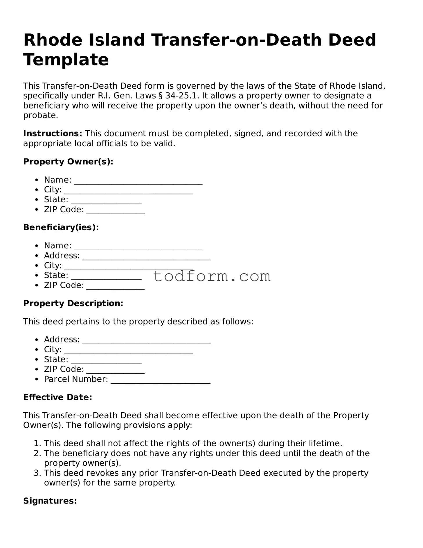 Attorney-Approved Transfer-on-Death Deed Document for the State of Rhode Island