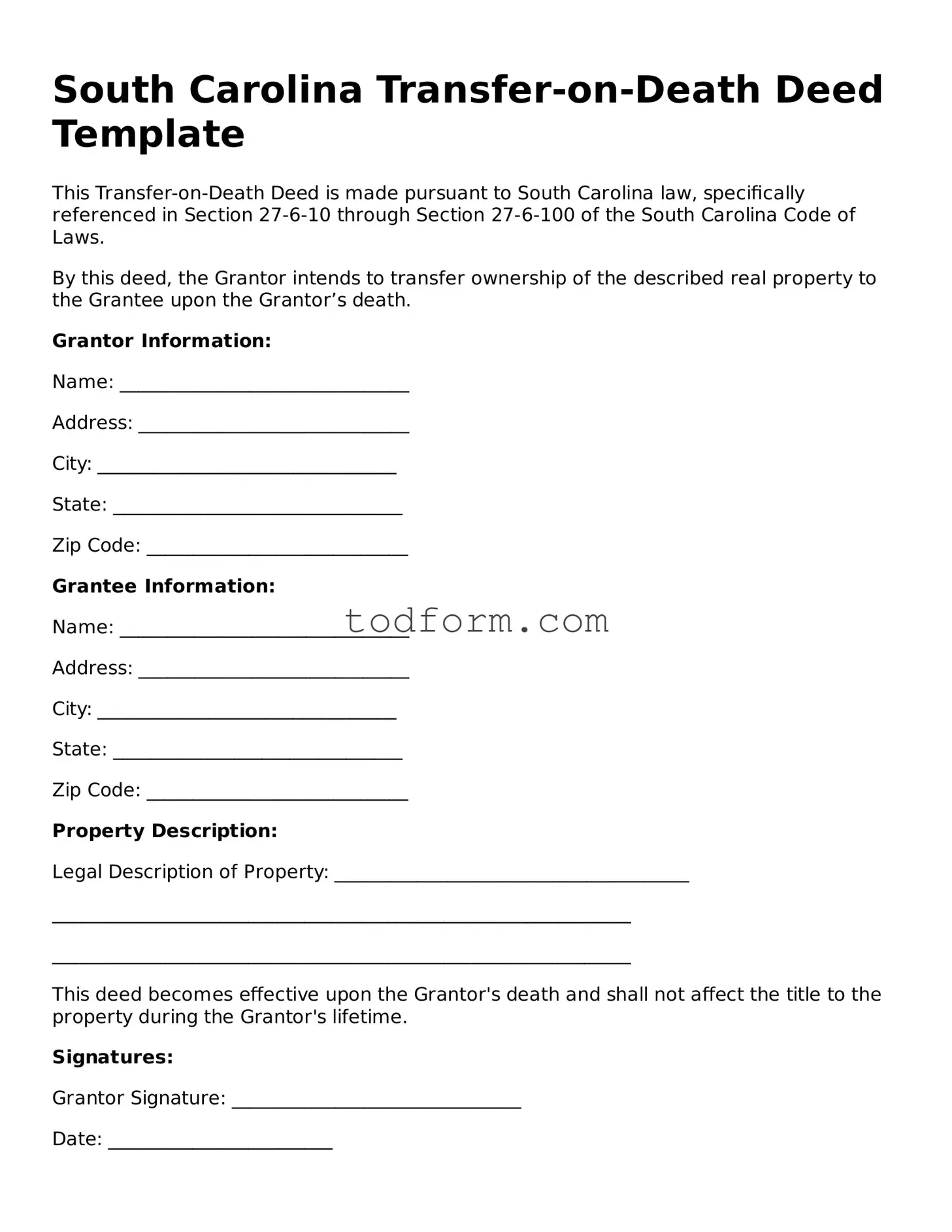 Attorney-Approved Transfer-on-Death Deed Document for the State of South Carolina