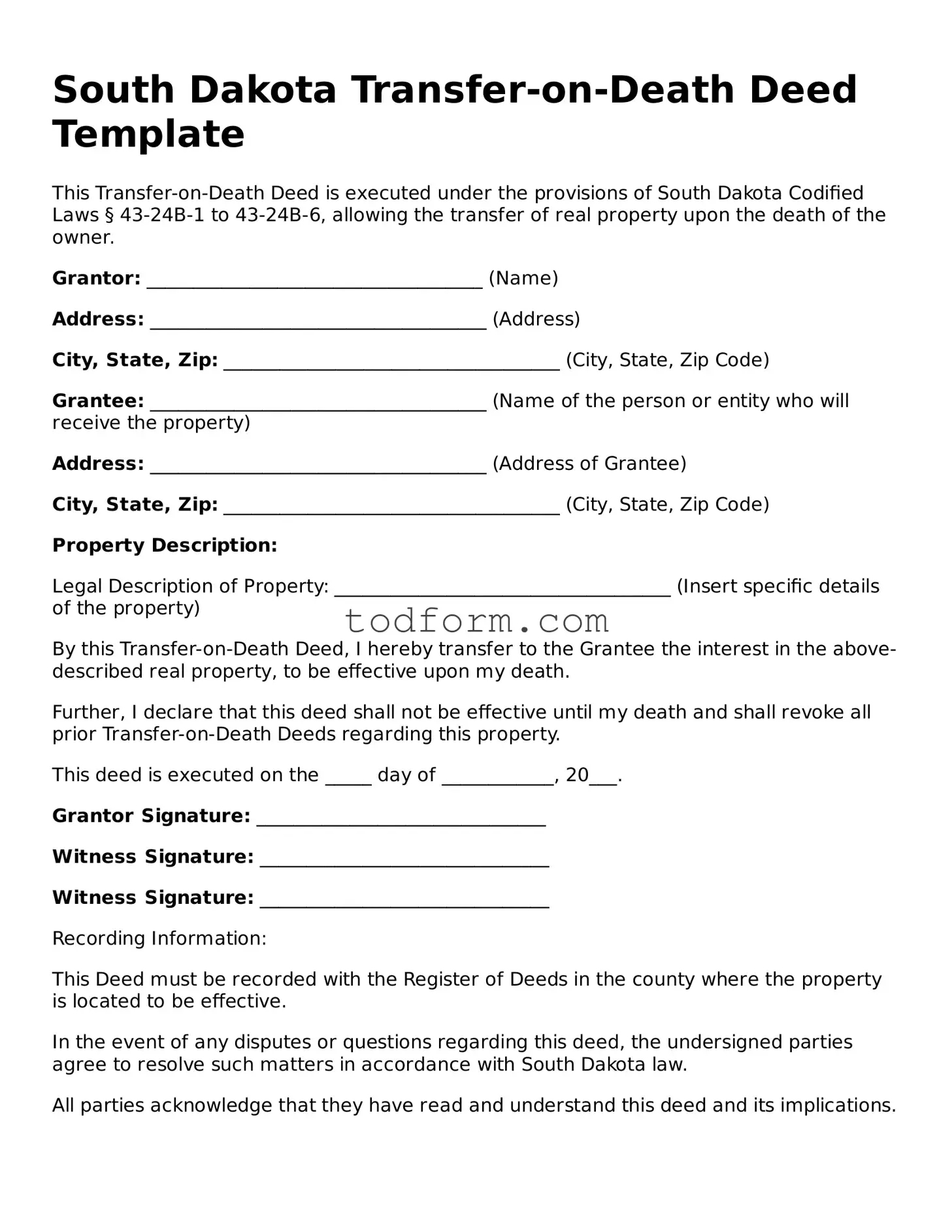 Attorney-Approved Transfer-on-Death Deed Document for the State of South Dakota