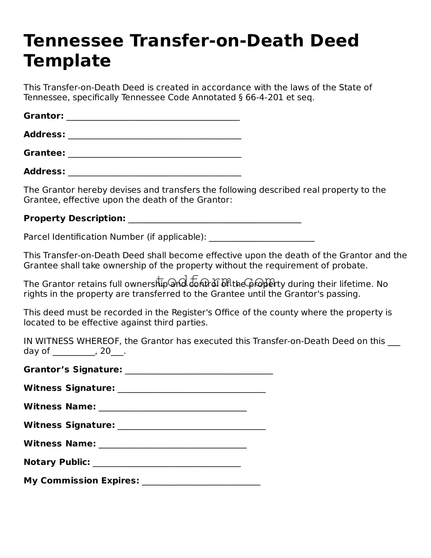 Attorney-Approved Transfer-on-Death Deed Document for the State of Tennessee