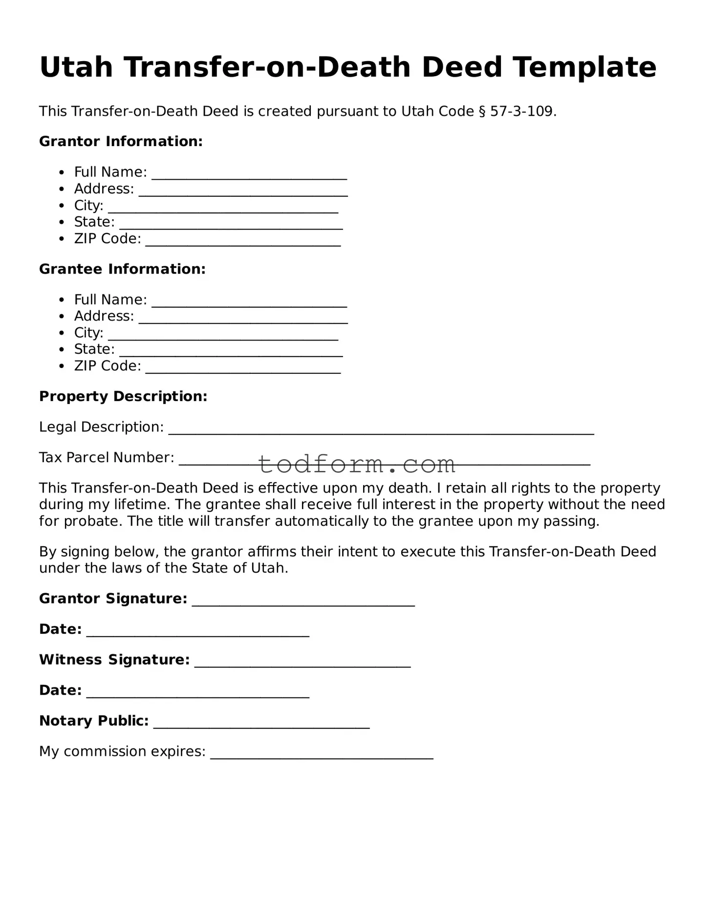 Attorney-Approved Transfer-on-Death Deed Document for the State of Utah