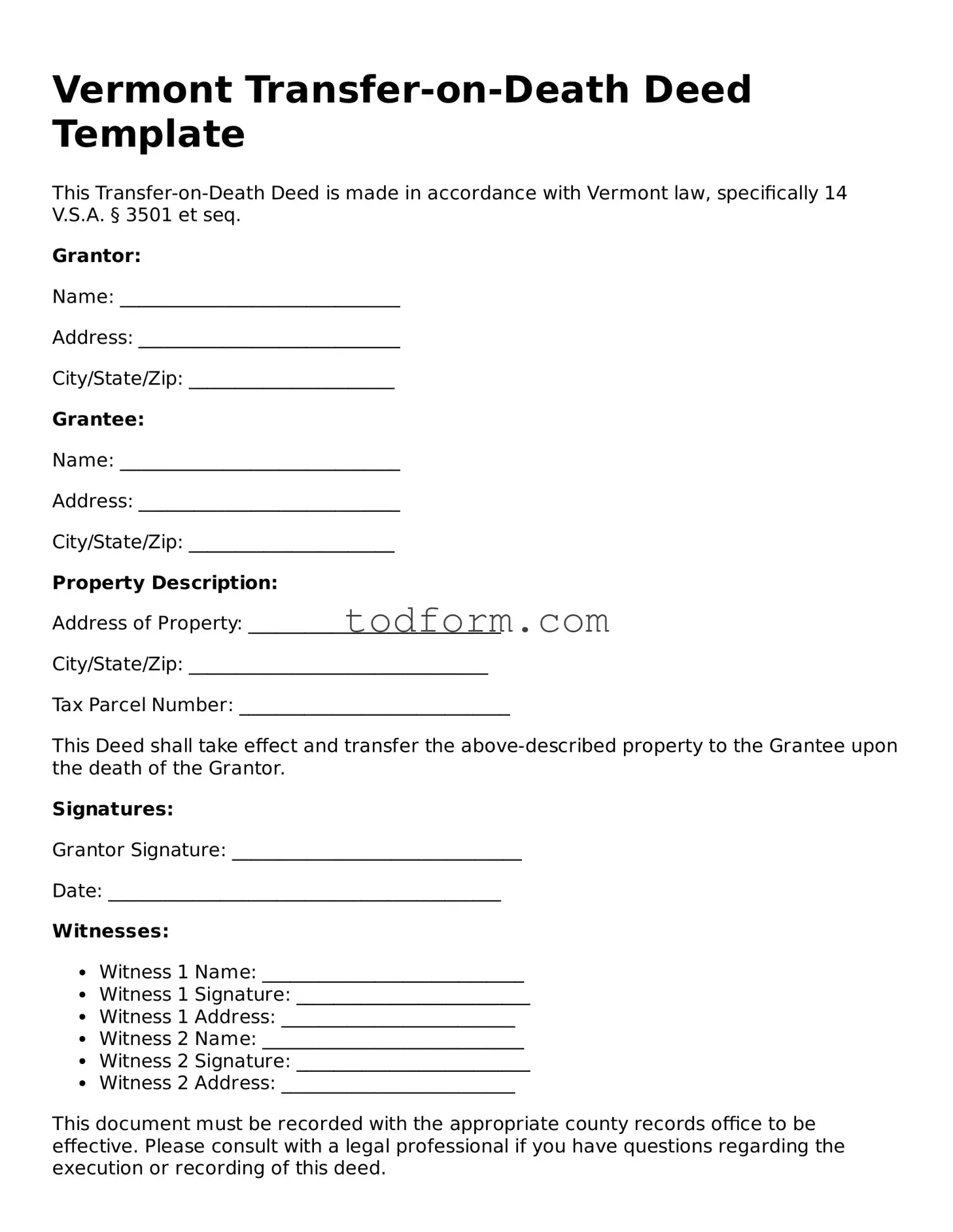 Attorney-Approved Transfer-on-Death Deed Document for the State of Vermont