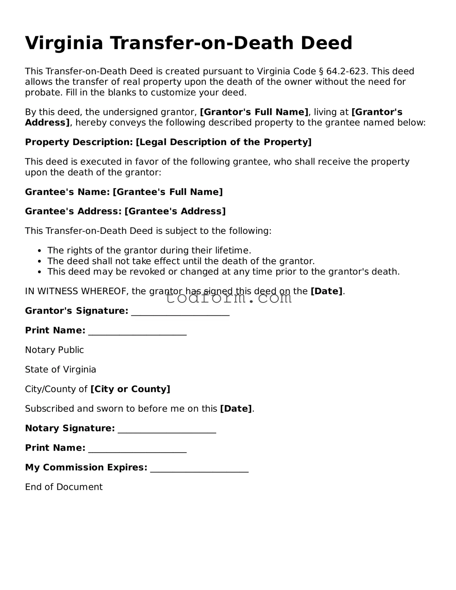 Attorney-Approved Transfer-on-Death Deed Document for the State of Virginia