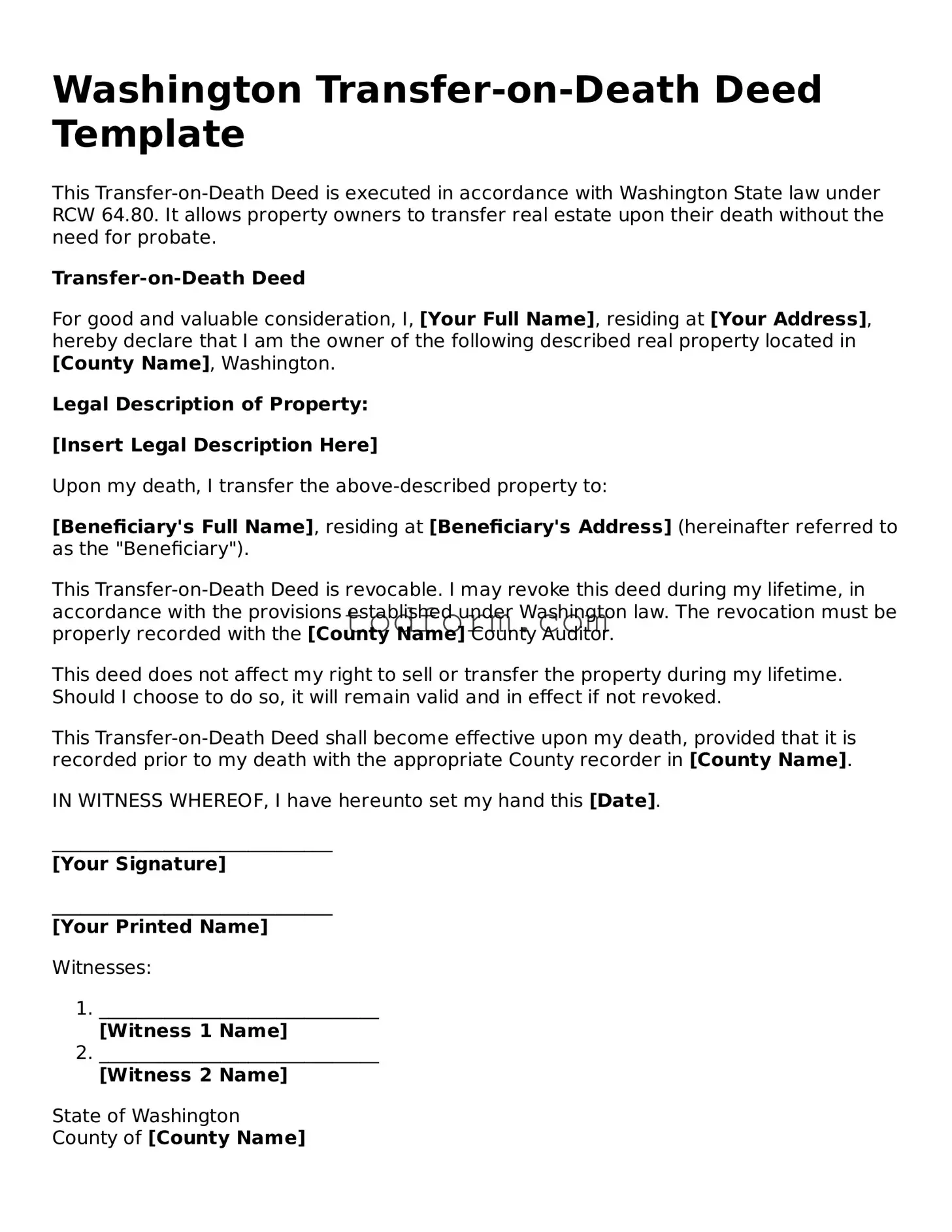 Attorney-Approved Transfer-on-Death Deed Document for the State of Washington