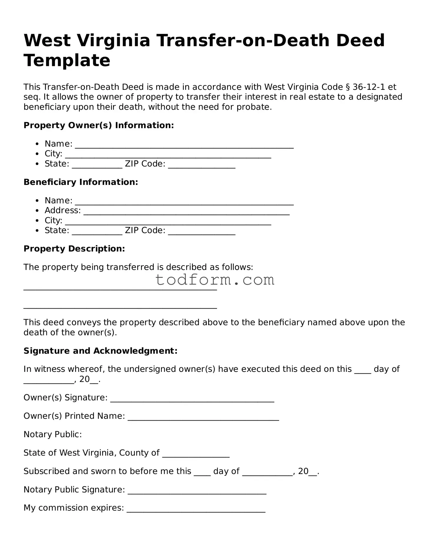 Attorney-Approved Transfer-on-Death Deed Document for the State of West Virginia