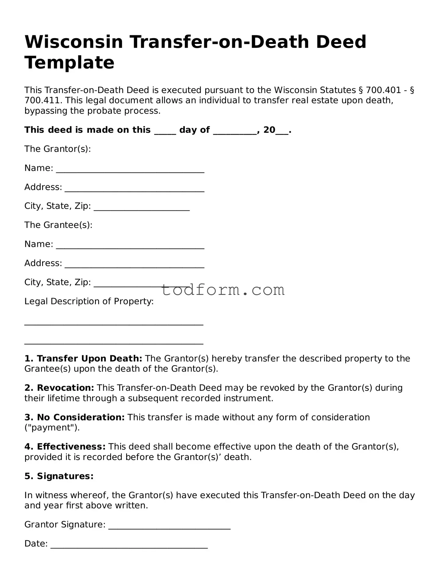 Attorney-Approved Transfer-on-Death Deed Document for the State of Wisconsin