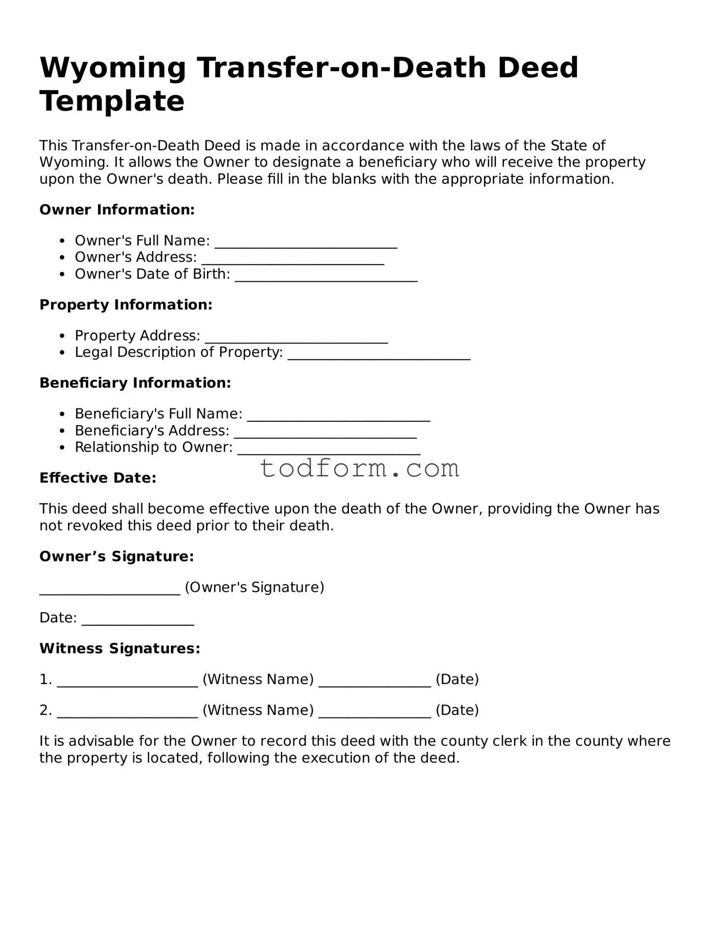 Attorney-Approved Transfer-on-Death Deed Document for the State of Wyoming